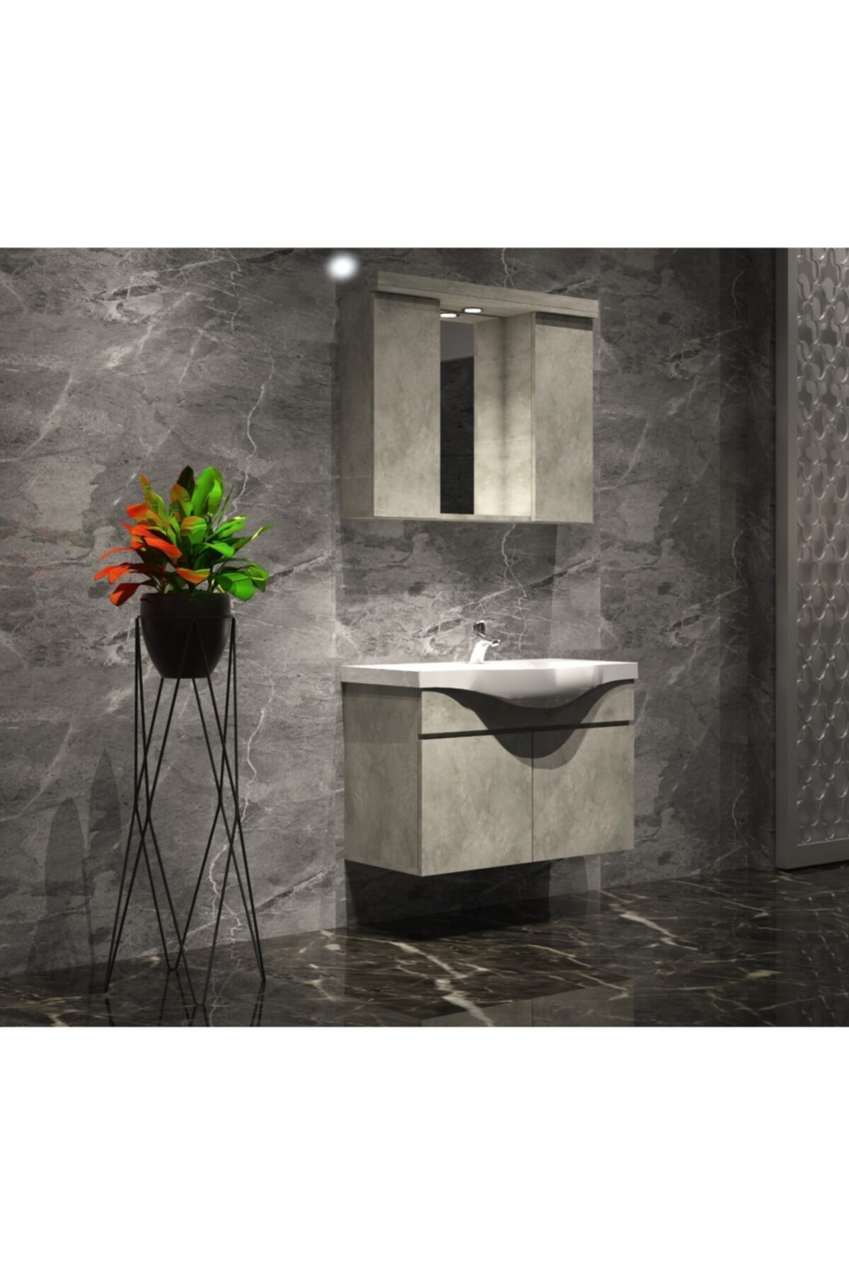 ÖZCEDEN Retro Taş Renkli Yıldız Banyo Dolabı Takımı Asma Komple 80 cm