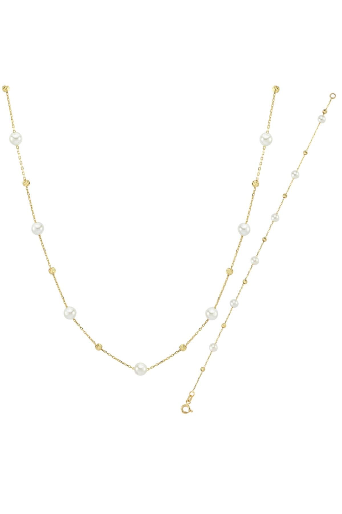 Gonca Gold Dorikalı, Incili, 14 Ayar, Sarı Altın Kolye & Bileklik Takım - 3,65 Gr