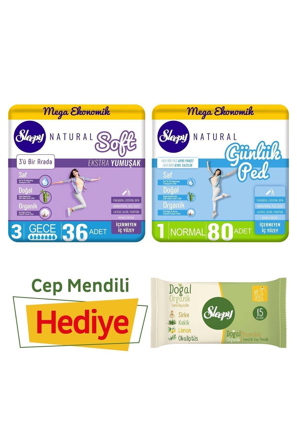 Sleepy Natural Soft Gece Hijyenik Ped 36'Lı Günlük Ped Normal 80’Li - Cep Mendili Hediyeli