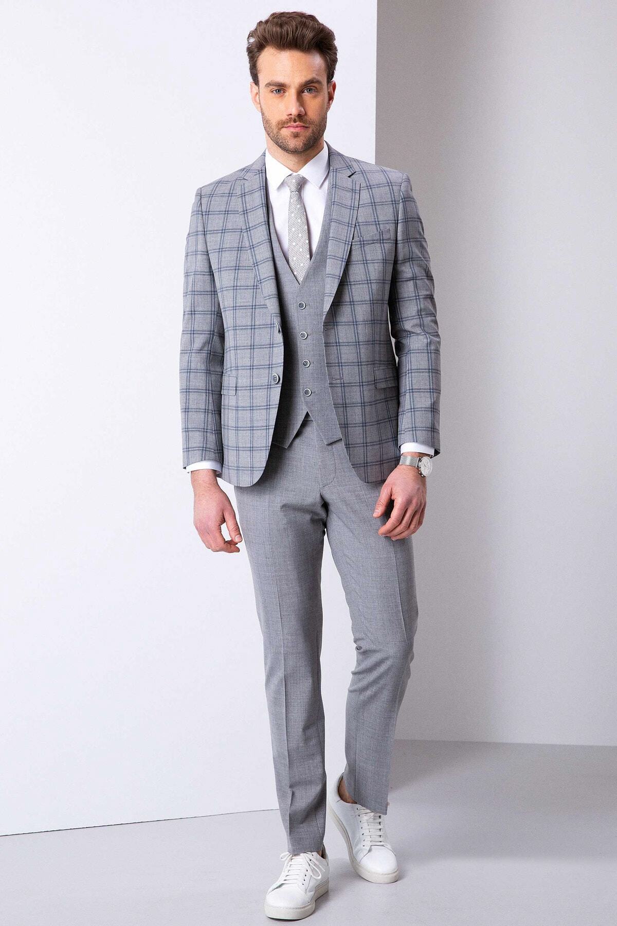 Pierre Cardin Erkek Gri Slim Fit Yelekli Takım Elbise