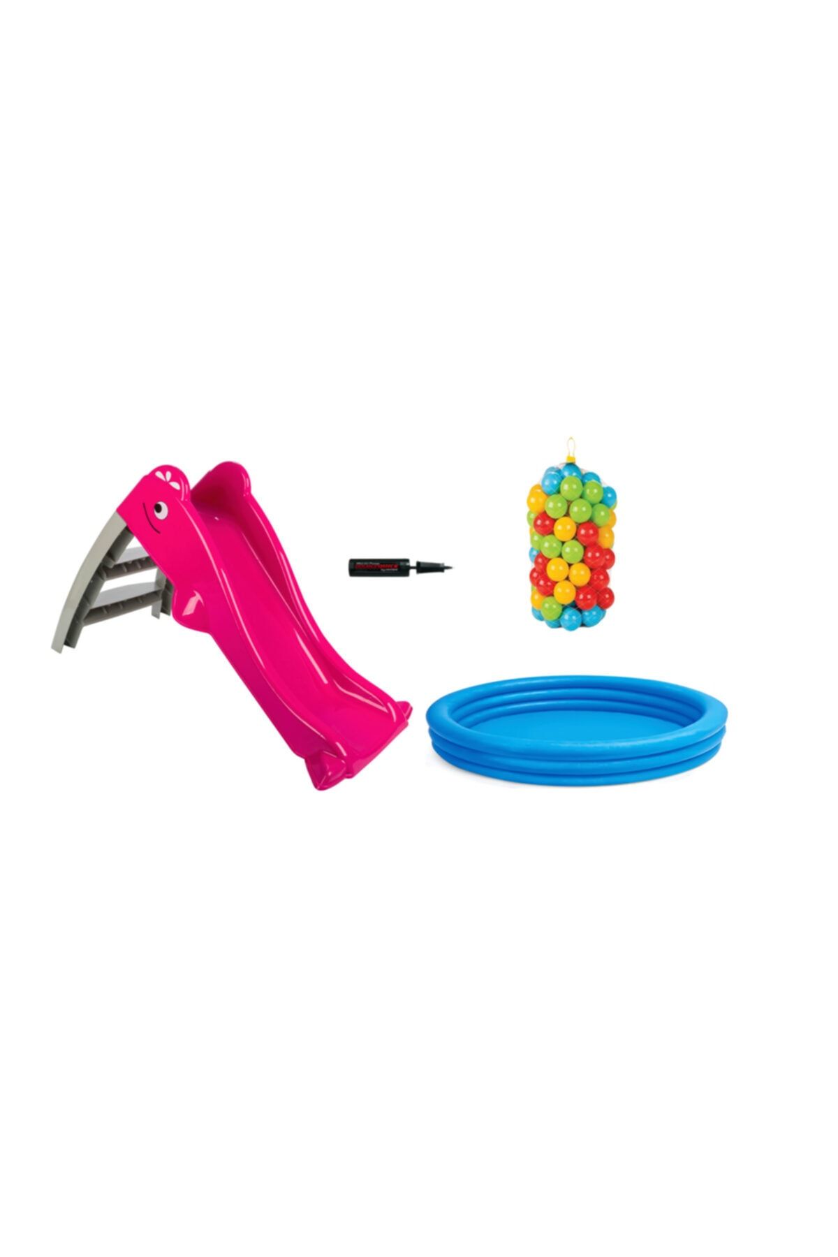 VARDEM OYUNCAK Pembe Su Kaydıraklı Set (kaydırak +100 Adet Top+pompa+ Kristal Mavi Havuz(114x25cm)