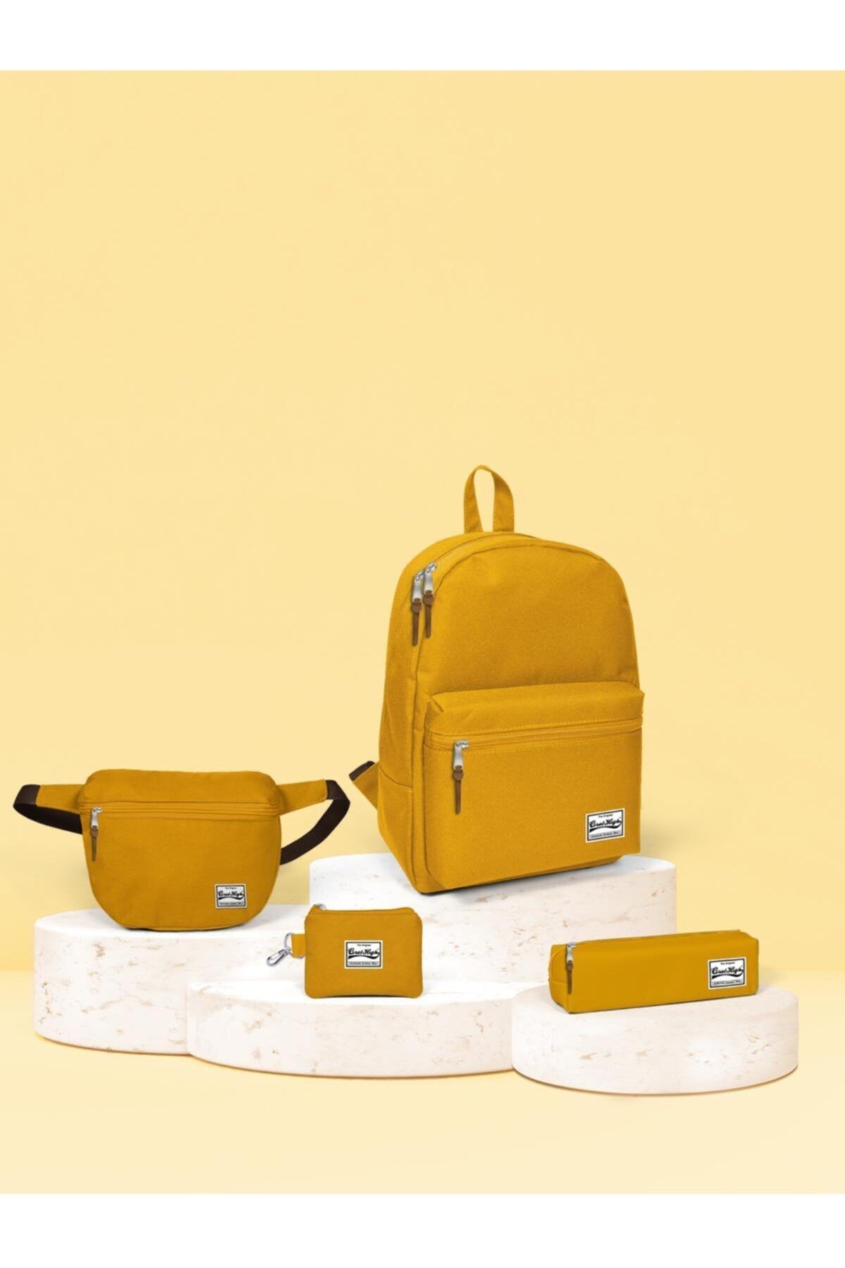 Coral High Lüx Hardal Sırt Çanta + Kalem Çanta + Bel Çanta + Para Çanta Set 7
