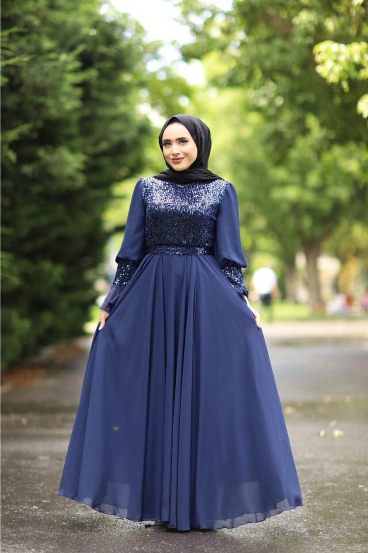 Gülsima Moda Indigo Üstü Payetli Şifon Abiye 2044-245