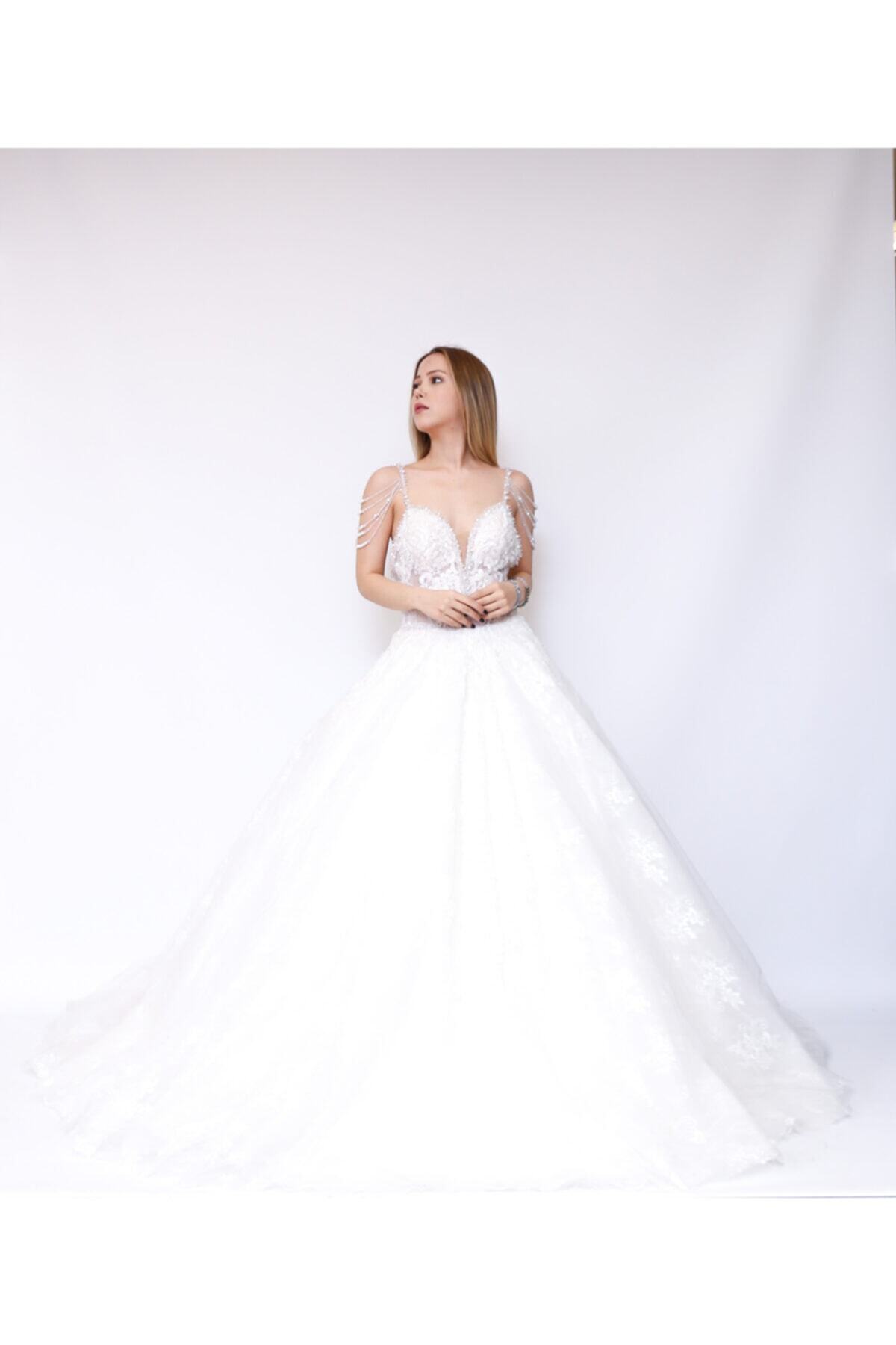 Nevin Modaevi Ekru Kristal Taş Işlemeli Ip Askılı Ayarlanabilir Kapama Dantel Prenses Gelinlik