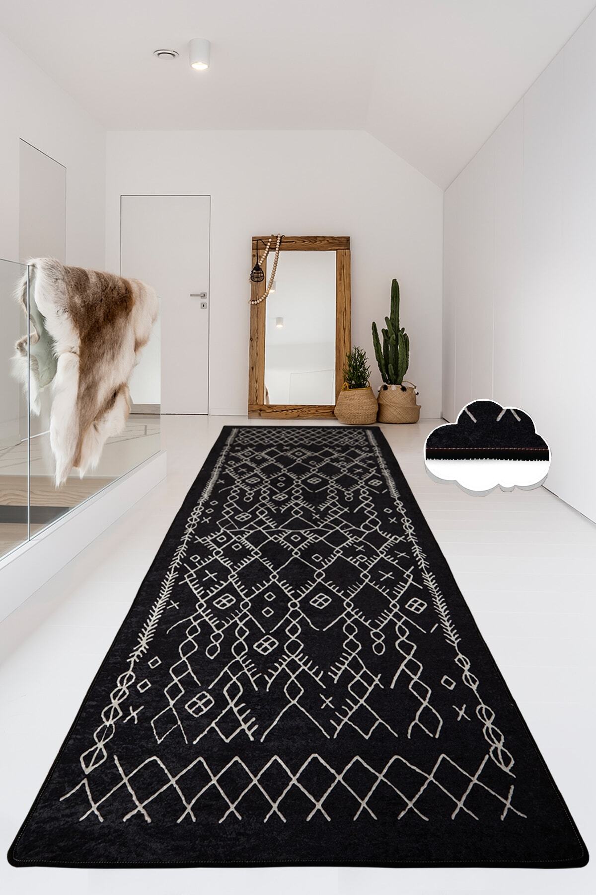Chilai Home CHART BLACK SIYAH  Djt Kaymaz Taban Kesme Halı Yolluk , Yıkanabilir