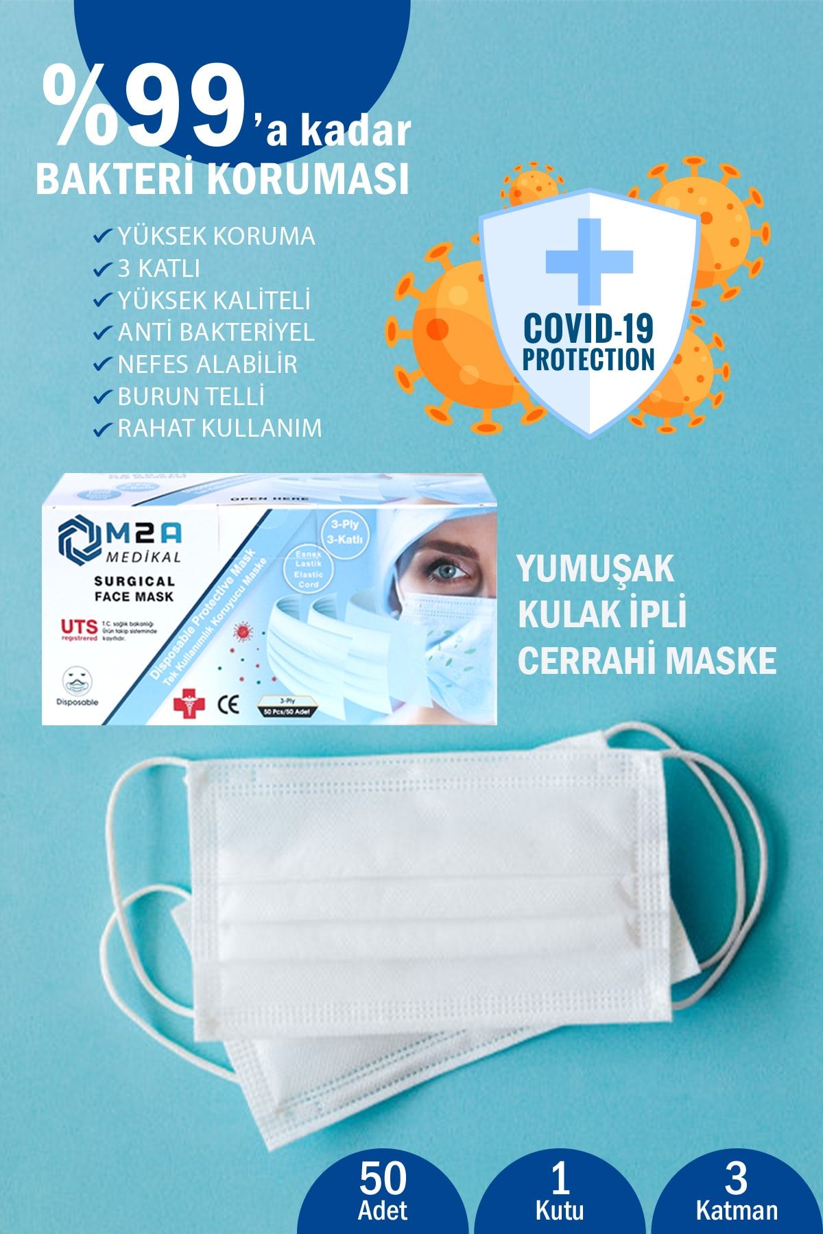 M2A MEDİKAL TEKSTİL ANONİM ŞİRKETİ Uts Belgeli Meltblown 3 Katlı Beyaz Cerrahi Maske