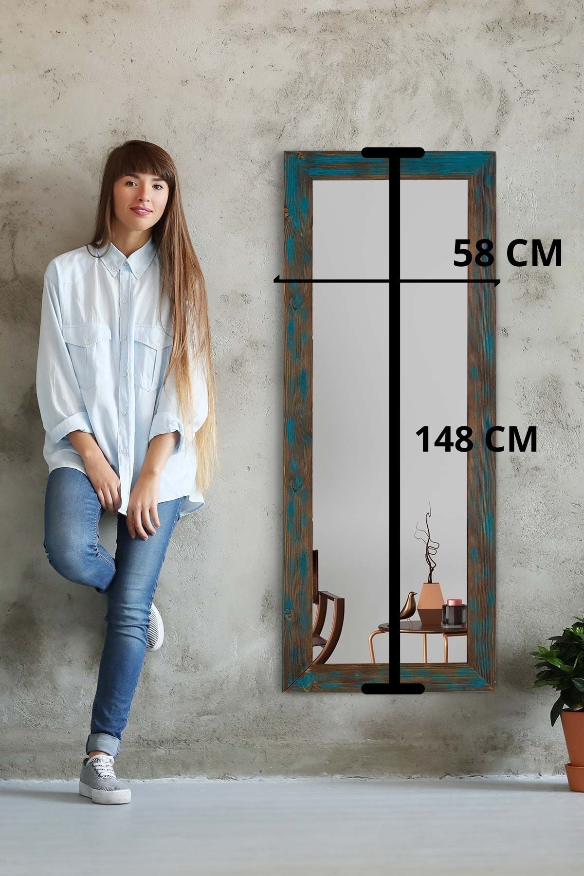 bluecape Doğal Ağaç Ahşap 58x148 Cm Mavi Eskitme Salon Ofis Mutfak Çocuk Odası Duvar Konsol Boy Aynası