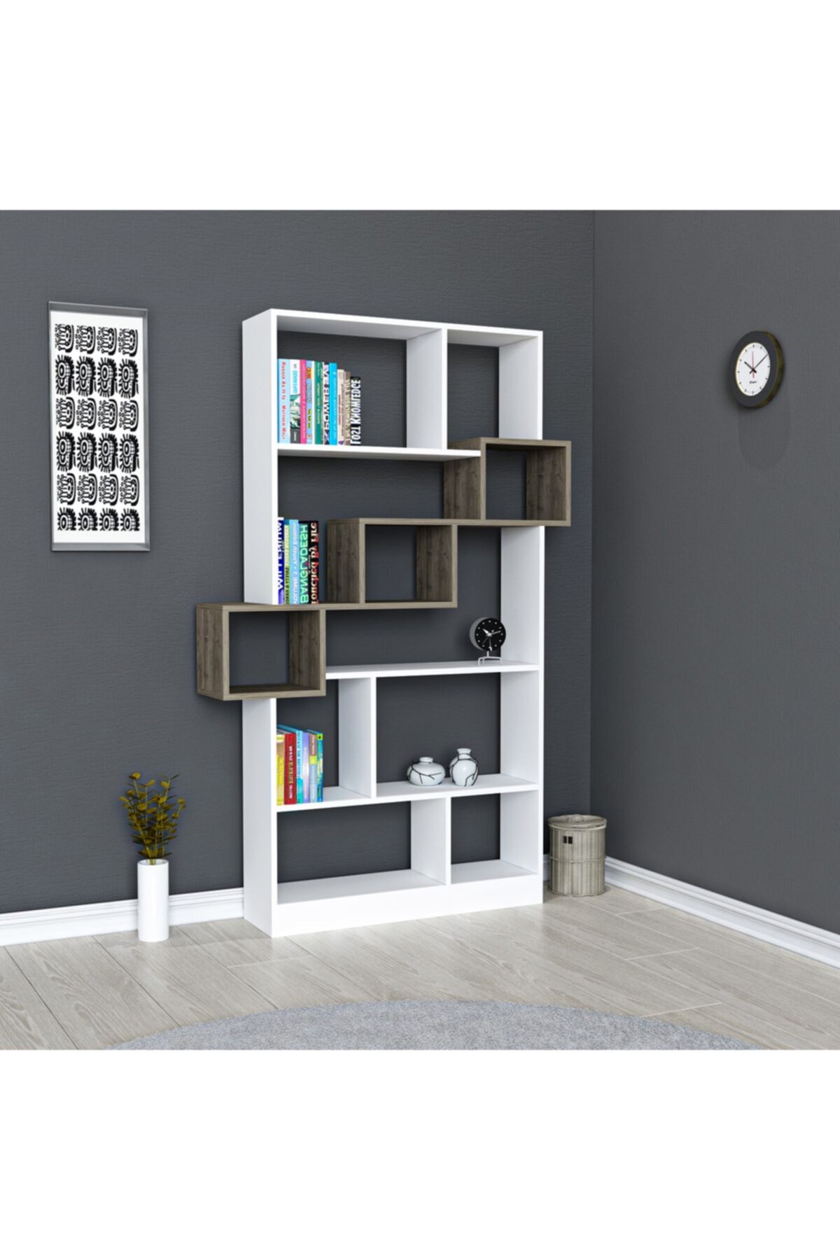 ARNETTİ Tuna Kitaplık Beyaz-ceviz 160x90x22 Kare Ve Düz Raflı Dekoratif Tasarım Kolay Kurulum
