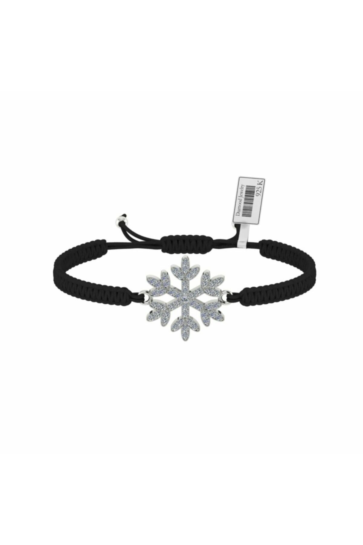 diamood jewelry Beyaz Altın Kaplama Gümüş Makrome Örgü Kar Tanesi Bileklik