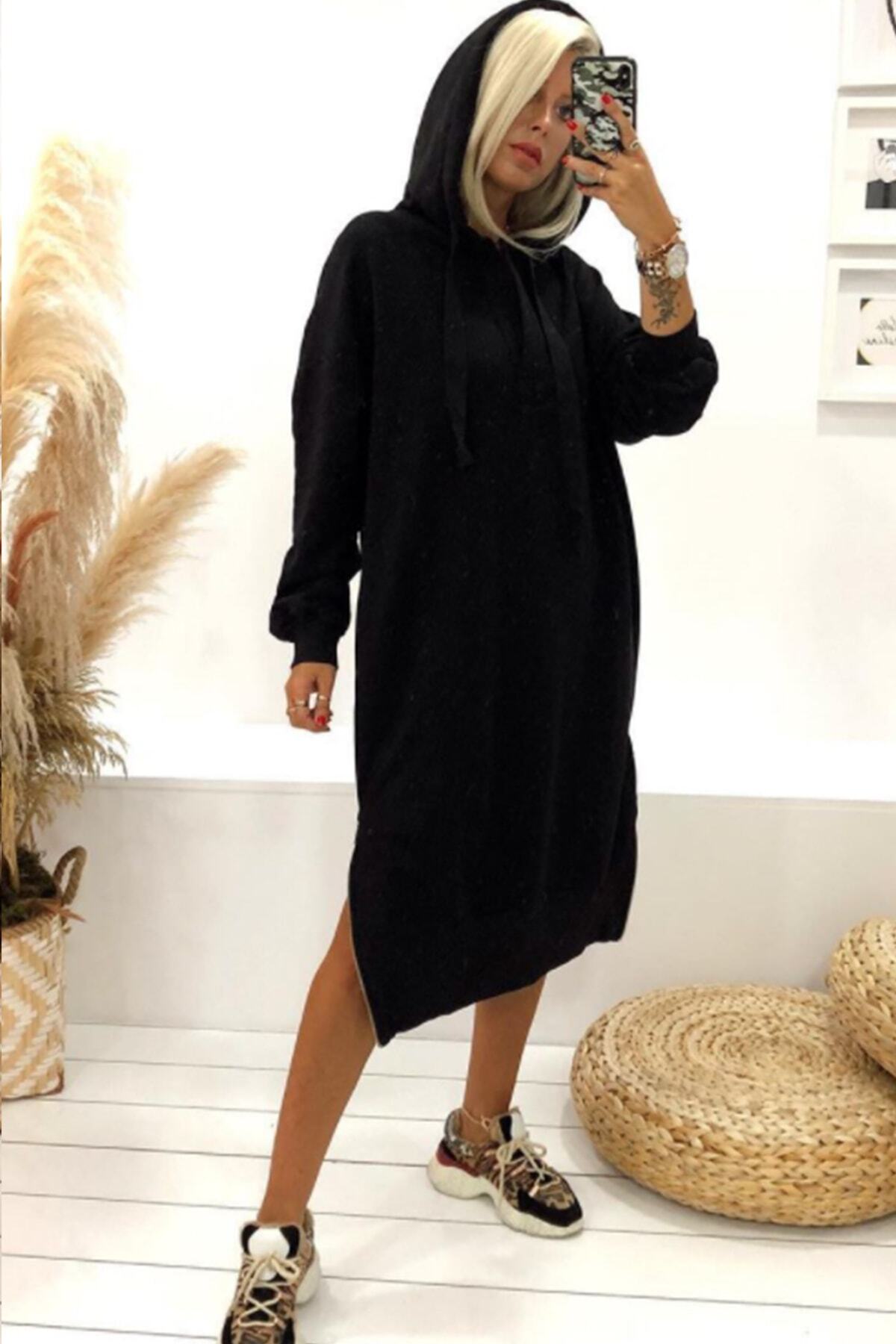BLACK&GRACE Kadın Siyah 3 Iplik Uzun Spor Elbise