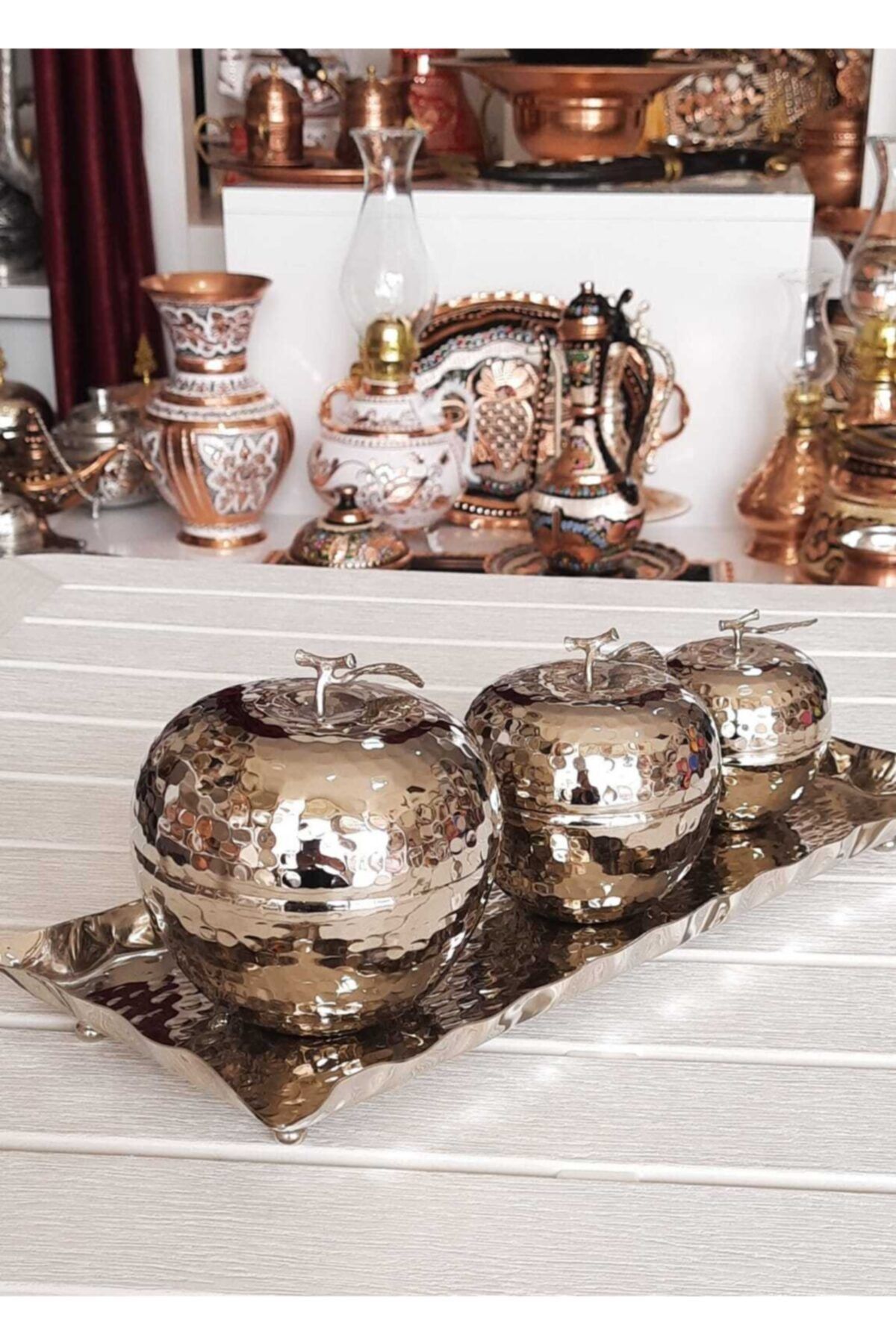 Hayal Dekorasyon Dövme Bakır Elma Şekerlik, 3'lü Takım, Tepsili, Otantik Bakır Aksesuar