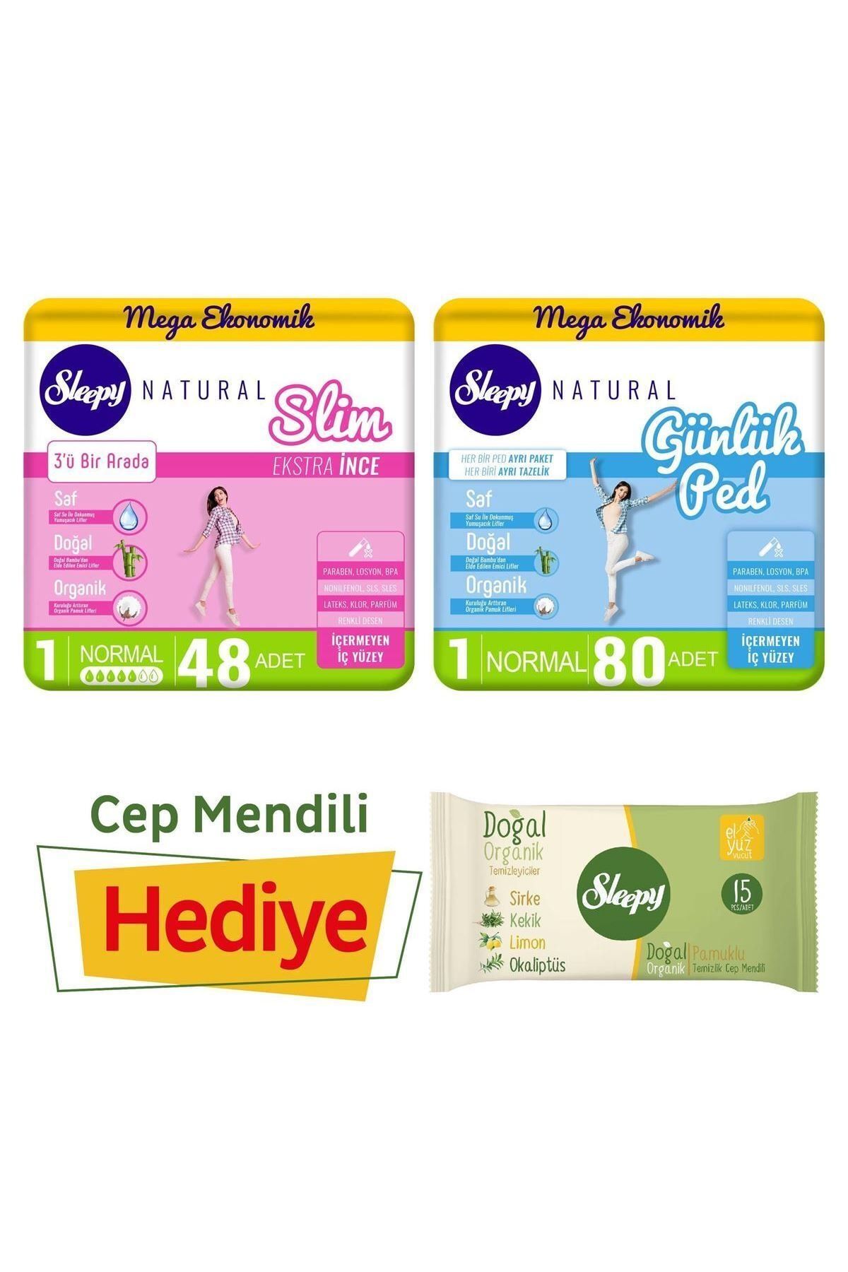 Sleepy Natural Slim Normal Hijyenik Ped 48’Li Günlük Ped Normal 80’Li - Cep Mendili Hediyeli