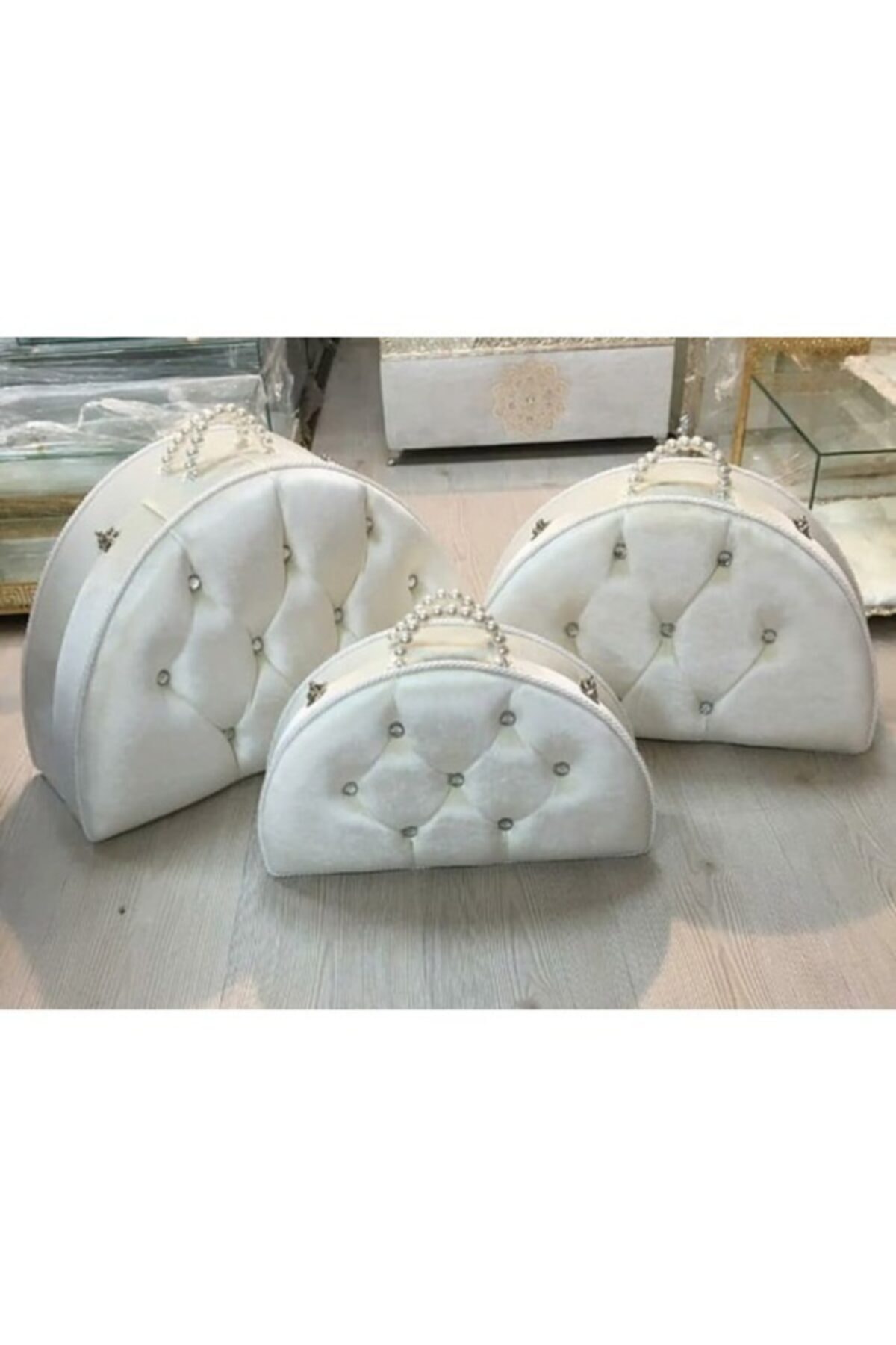 APAYDIN ÇEYİZ D Modeli Puff Çeyiz Gelin Çantaları Krem 3lü