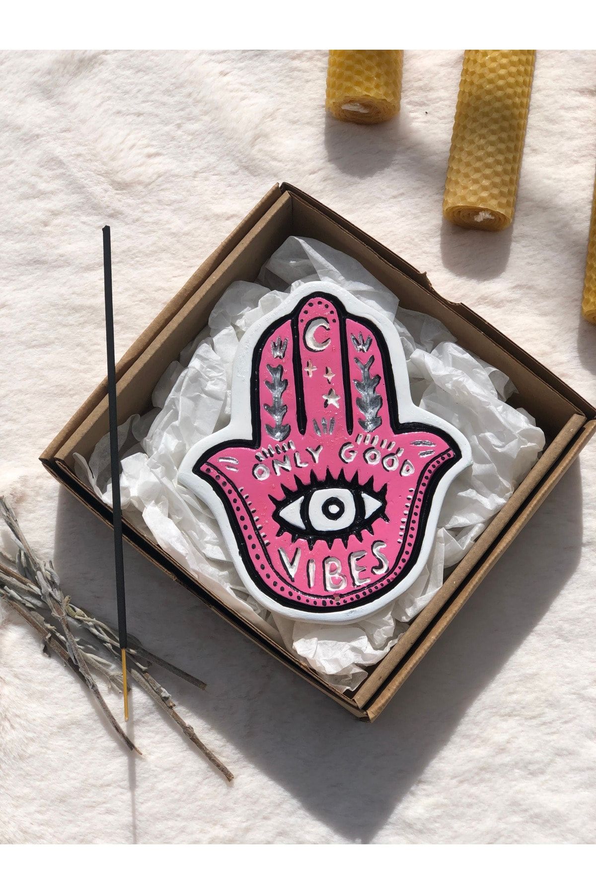 lovein crafts Only Good Vibes Tasarım Hamsa Tütsülük | Pembe