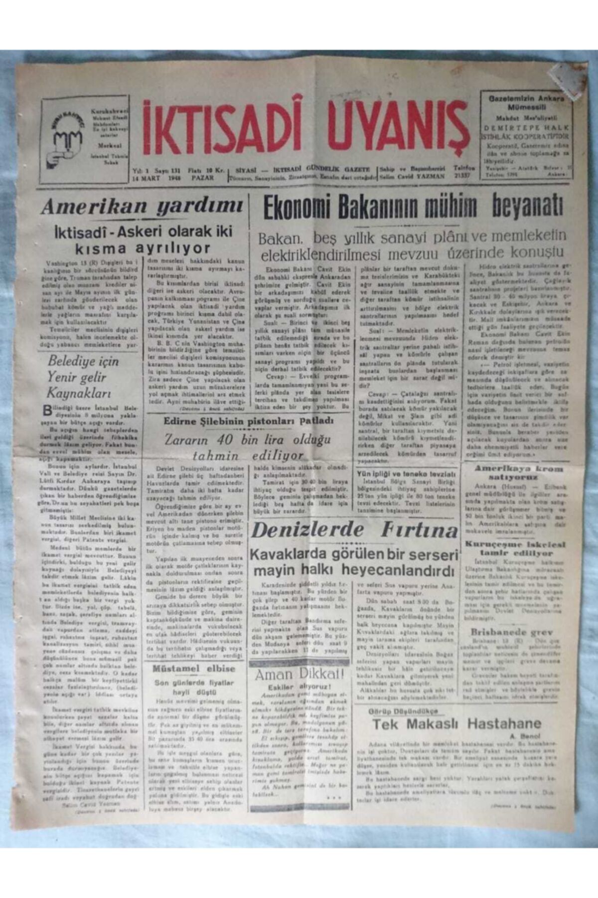 İKTİSADÎ UYANIŞ Günlük Gazete (14 Mart 1948)