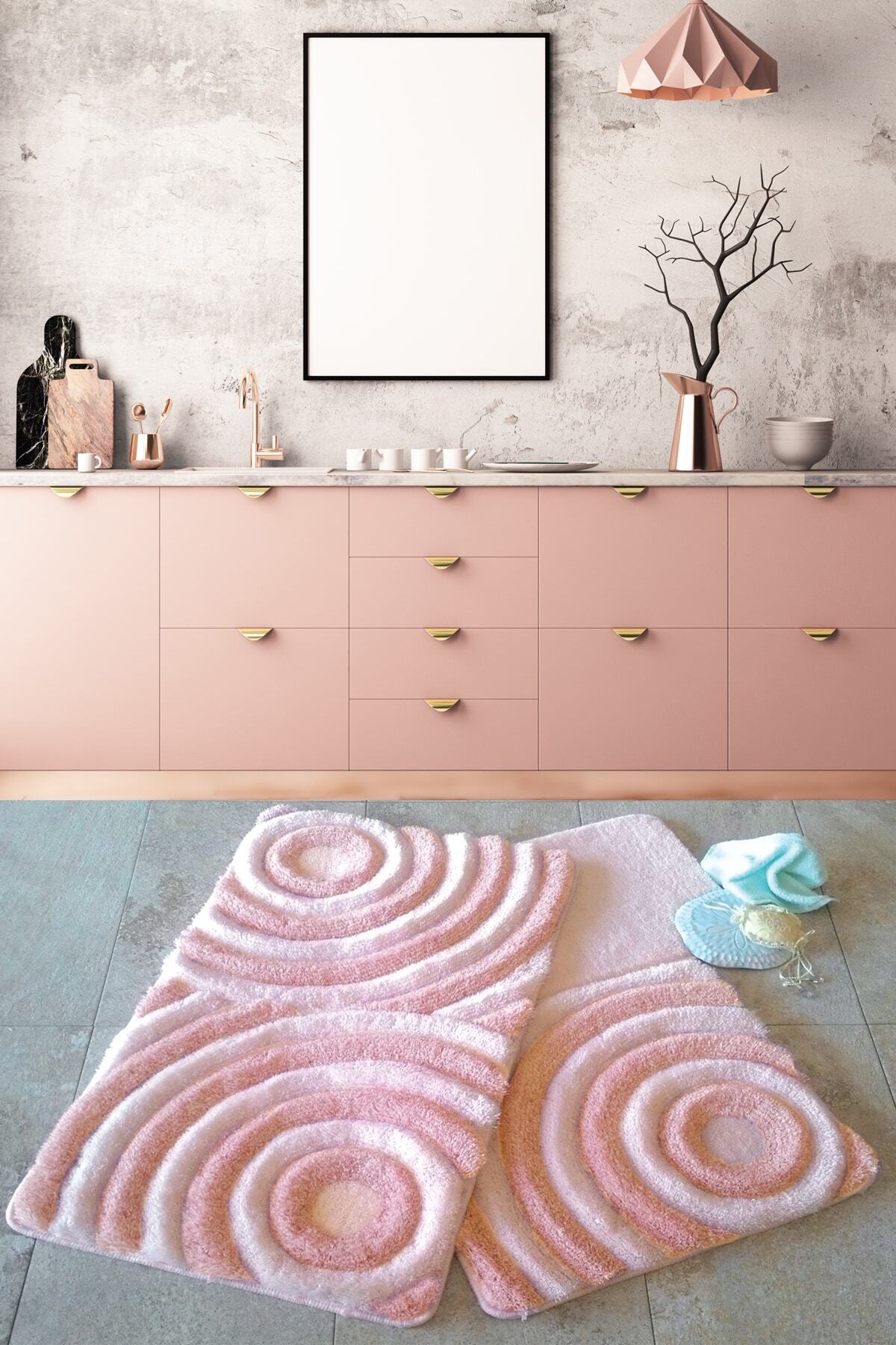 Chilai Home Wave Pudra 3lü Set Banyo Halısı Yıkanabilir, Kaymaz Taban