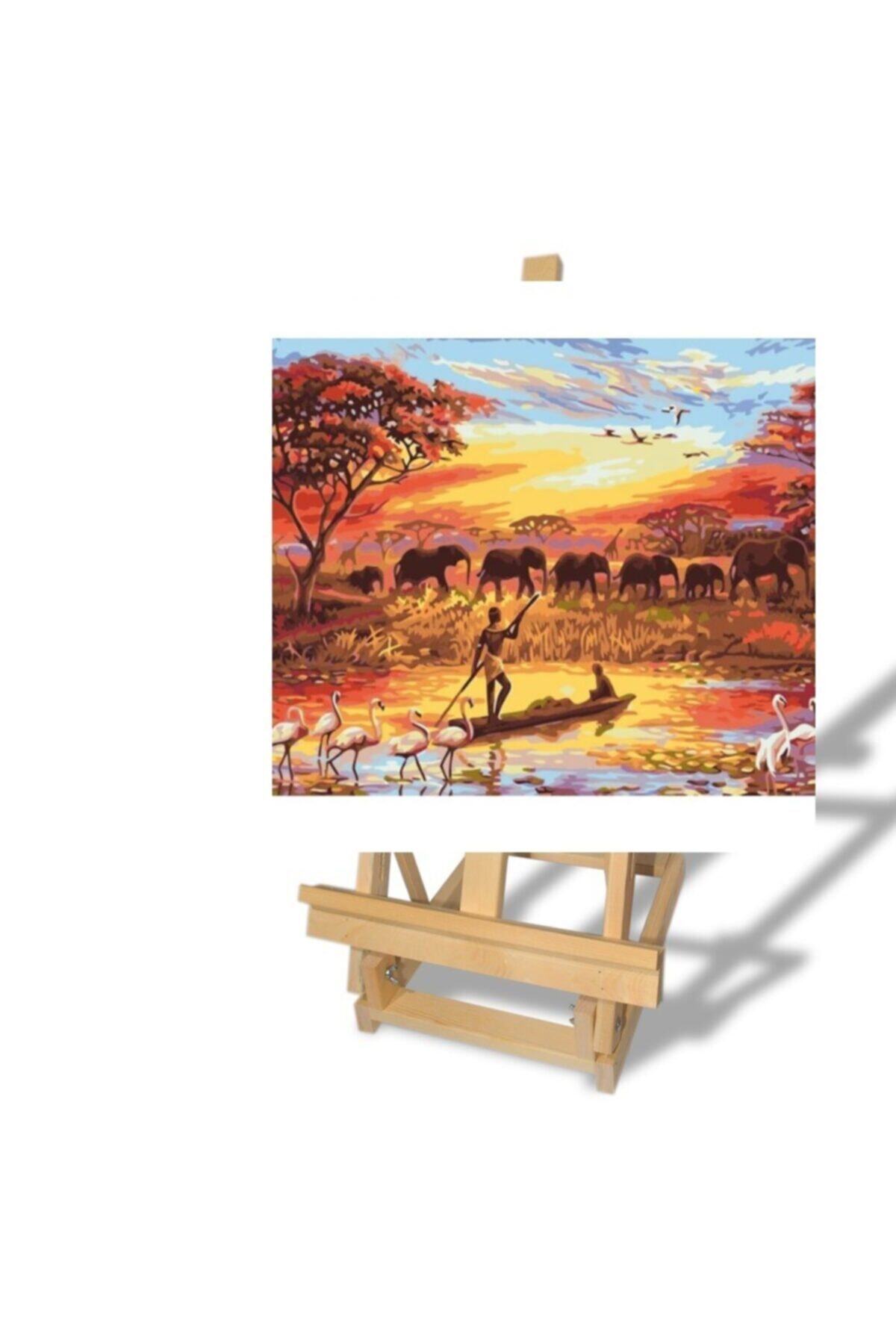 RAMAZANNAKİSVEHOBİ Sayılarla Boyama Seti 40x50 Cm (çerçeveli ) Ahşap Masa Üstü Şövale Ile Birlikte Nehir Ve Filler
