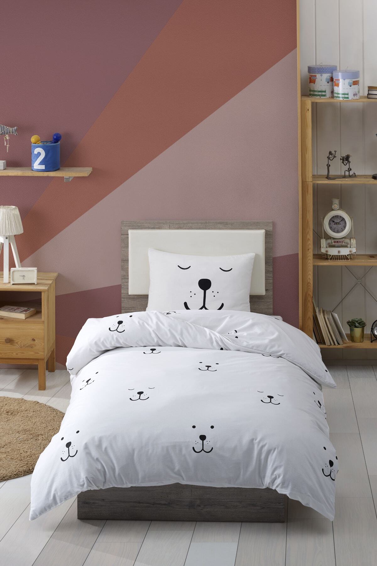 Enlora Home %100 Doğal Pamuk Nevresim Seti Tek Kişilik Kids Eles Beyaz