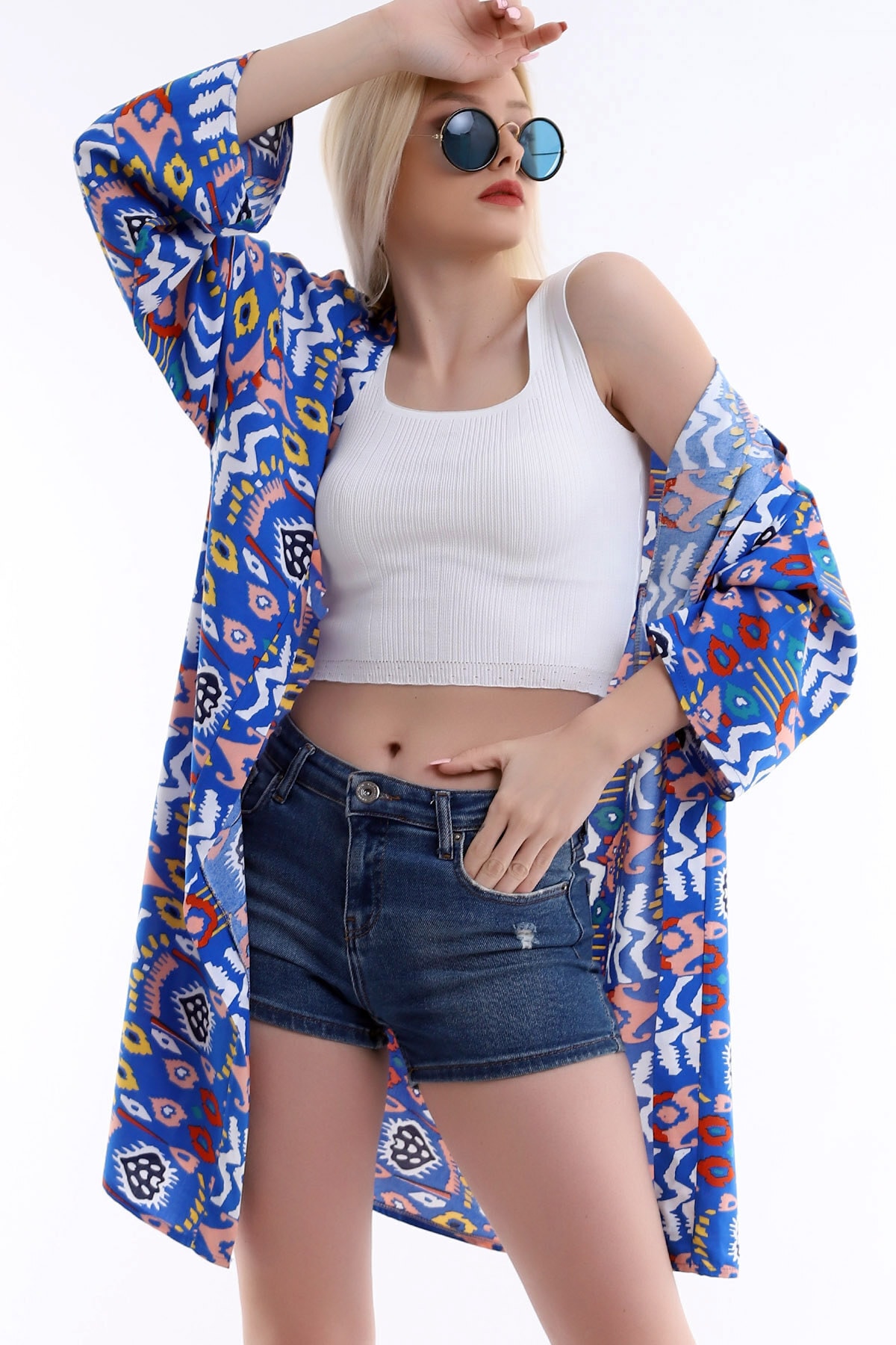 ARYA FASHION Kadın Lacivert Desenli Uzun Kol Şık Kimono