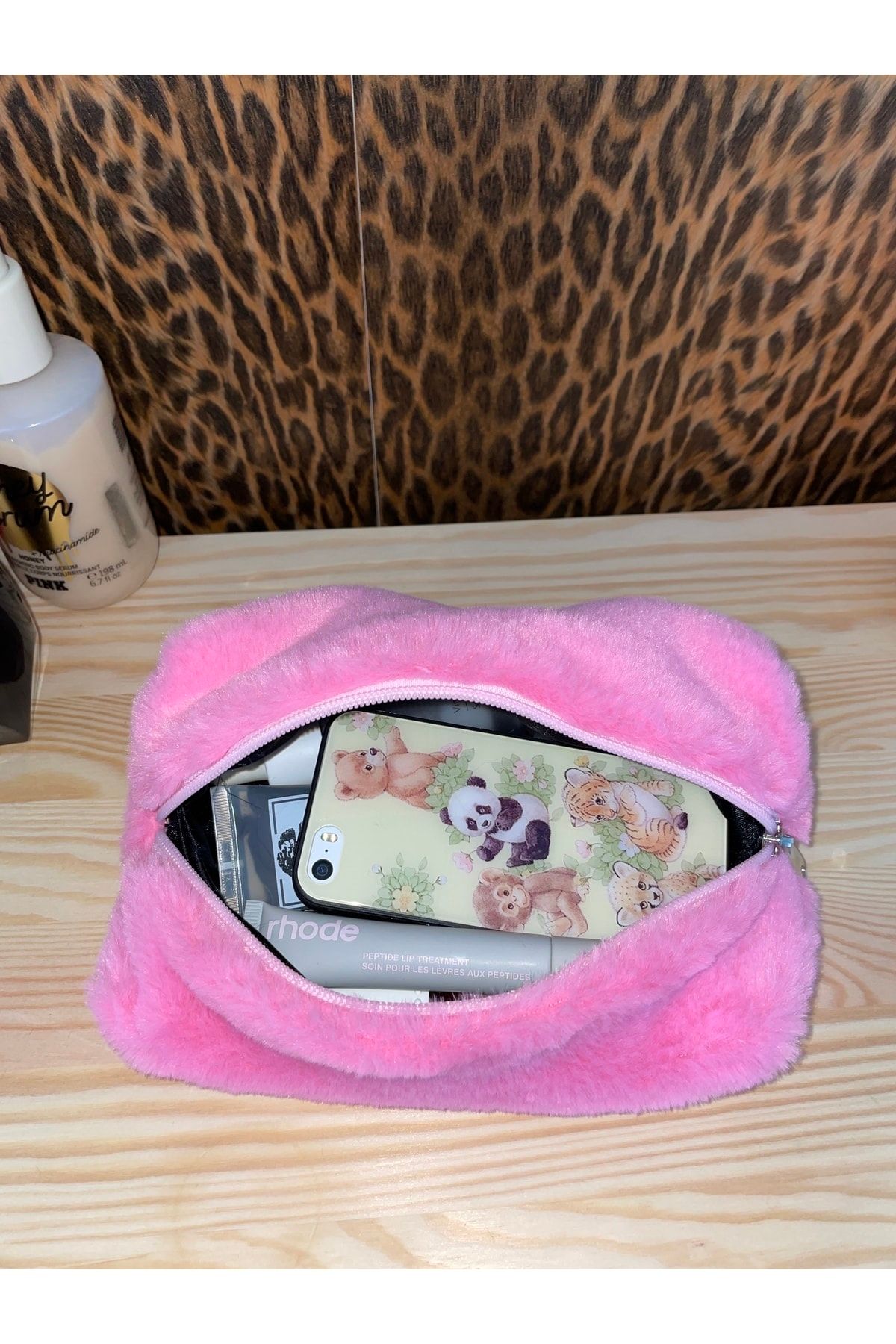 Pink fluffy makeup 2025 bag