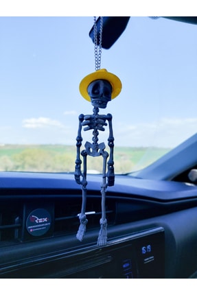 Fötr Şapkalı Iskelet Ayna Süsü (gri-sarı) Araba Süsü - Dikiz Aynası Süsü Zincirli Image 1