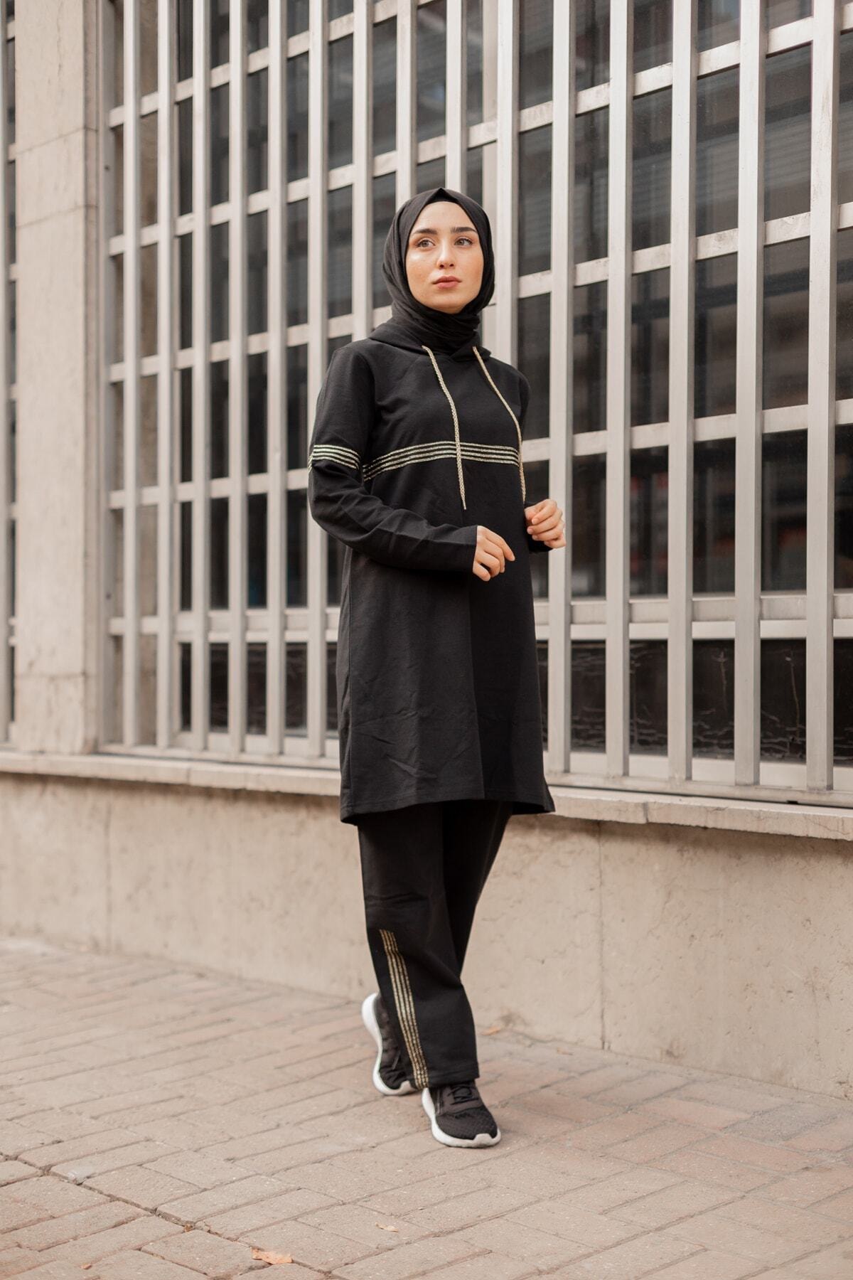 CNG MODA Kadın Sim Şerit Siyah Tesettür Eşofman Takımı