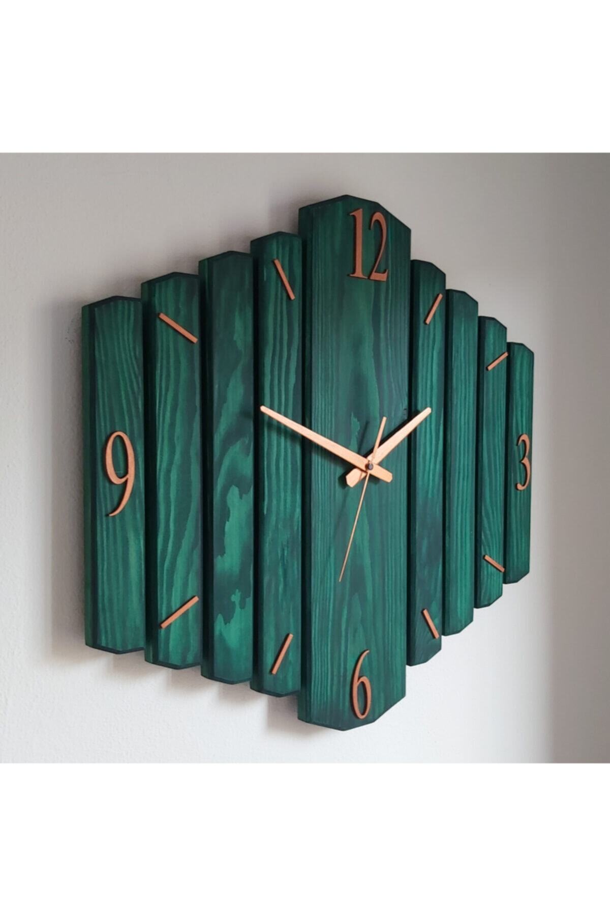 DECODUAL El Yapımı Masif Ahşap Duvar Saati 58x55cm Zümrüt Yeşili