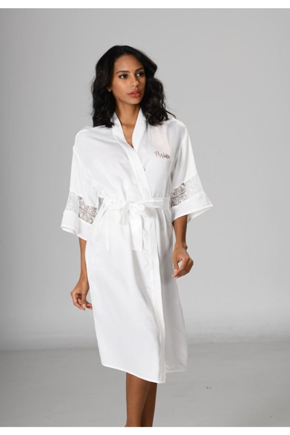 EliteWomans Kadın Ekru Dantelli Bride Saten A Kalite Sabahlık