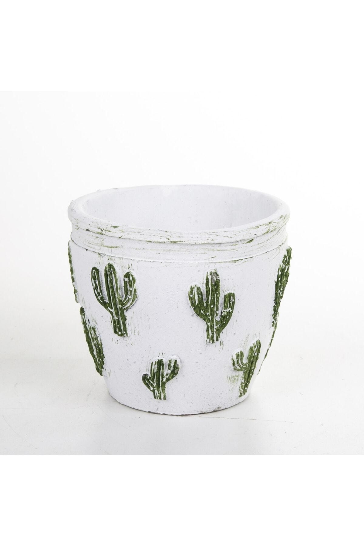 MF Botanik Dore Yeşil Beyaz Kaktüs Motifli Beton Saksı Kaktüs Çiçek Saksısı 14 X 12 Cm