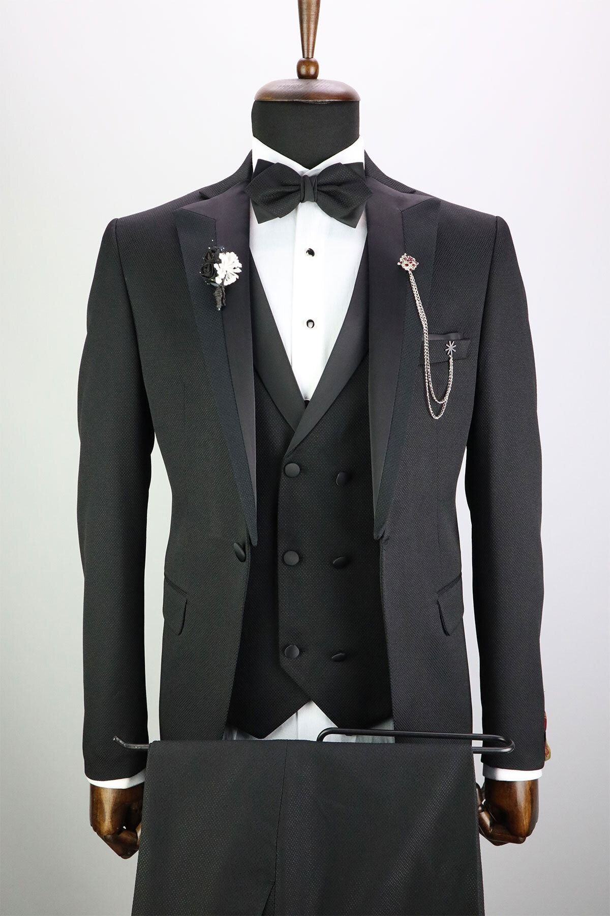 ZAYFA Vito Andolini Siyah Slim Fit Armürlü Yelekli Erkek Damatlık Smokin