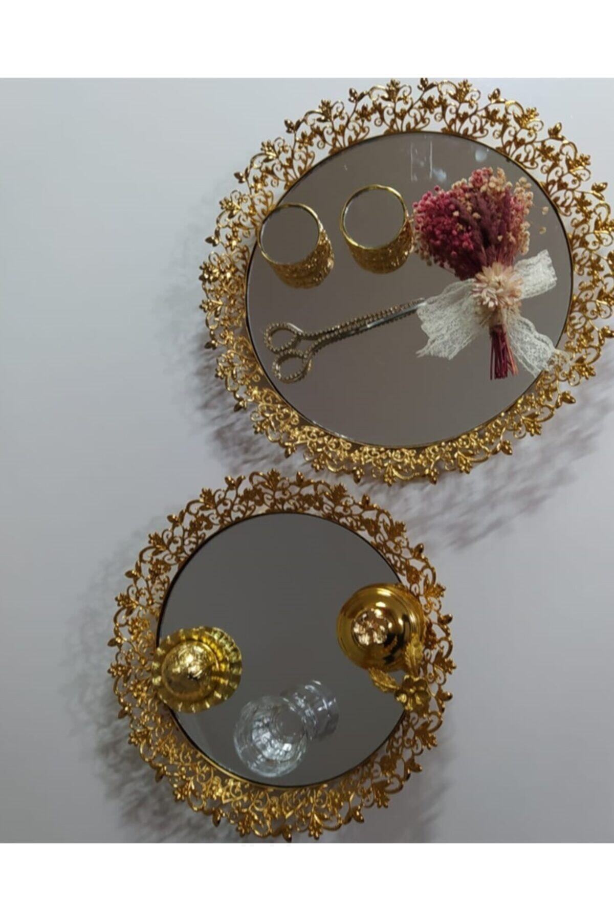 HESAPLIJET Gold Yuvarlak Kenar Işlemeli Desenli Söz&nişan Tepsisi Damat Kahvesi Set