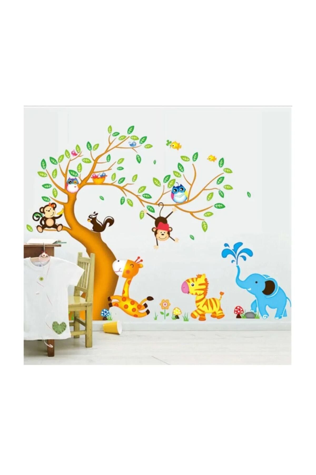 KT Decor Dev Boyutlu Çocuk Odası Dekorasyonu Ağaç Maymun Ve Hayvanlar Xl Duvar Sticker