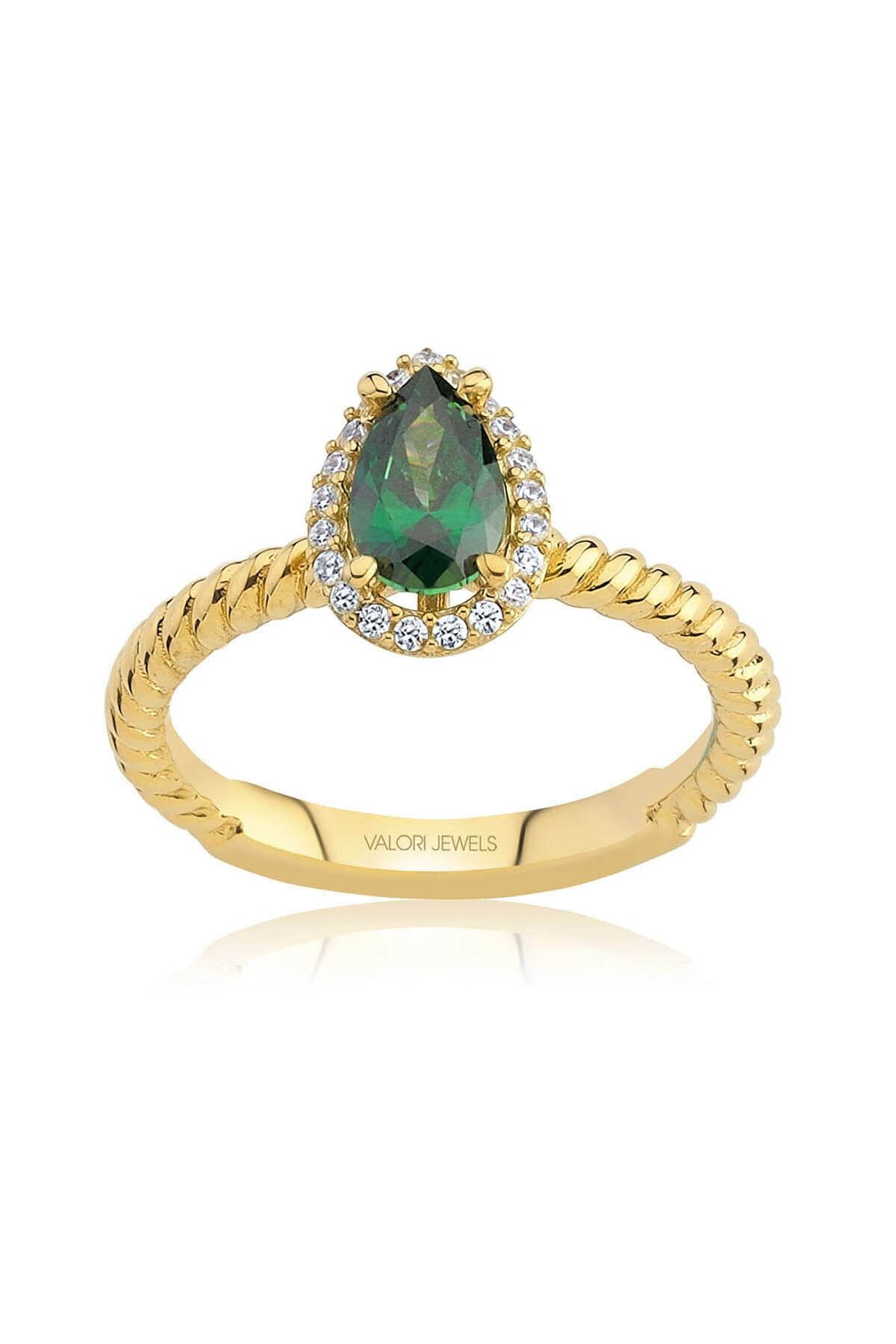Valori Jewels 0.75 Karat Swarovski Zirkon Yeşil Damla Taşlı, Altın Rengi Gümüş Yüzük