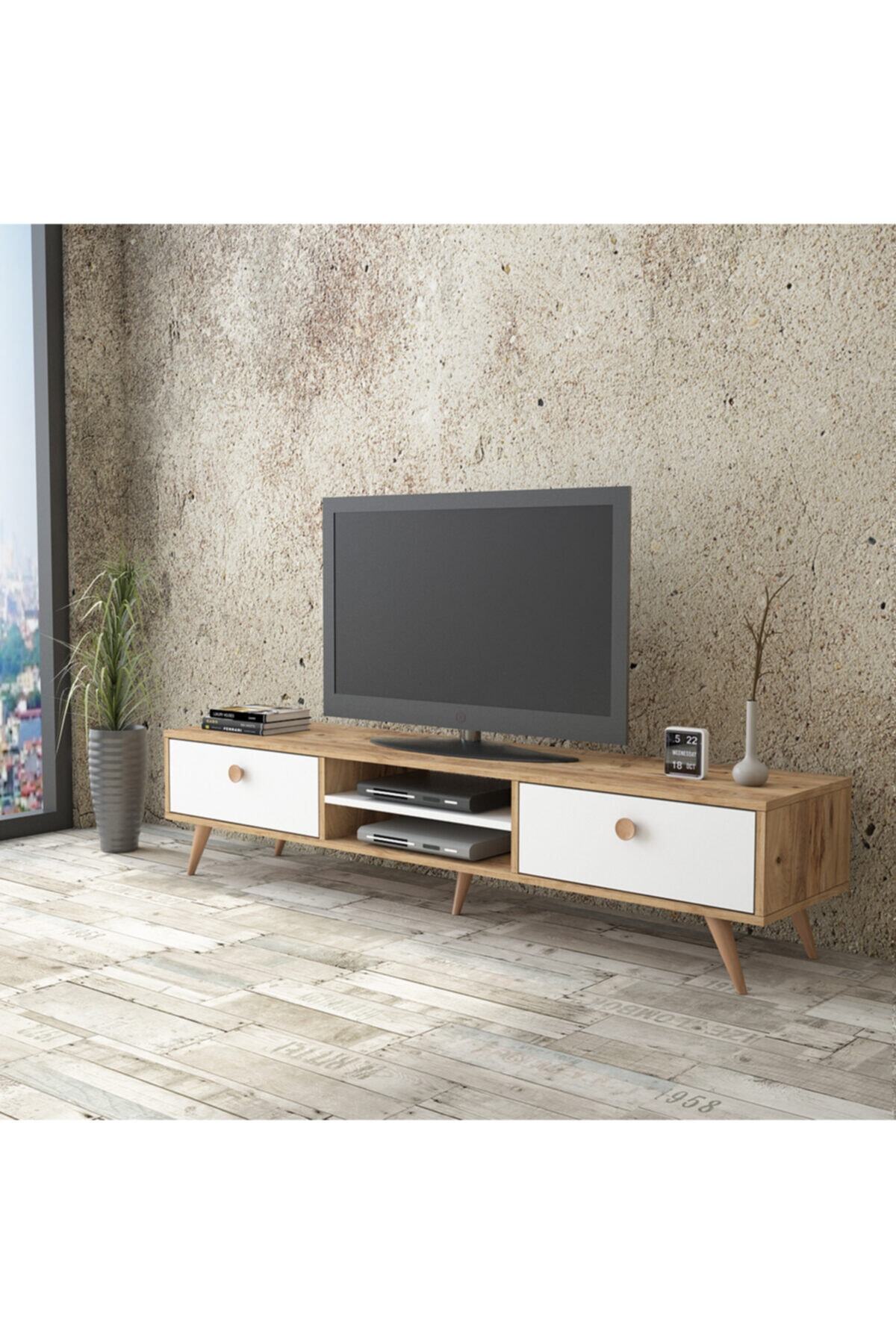 Yurudesign Vilamo Tv Ünitesi Ahşap Ayak, 2Çekmece, Çam-Beyaz-Kayın VL5-211