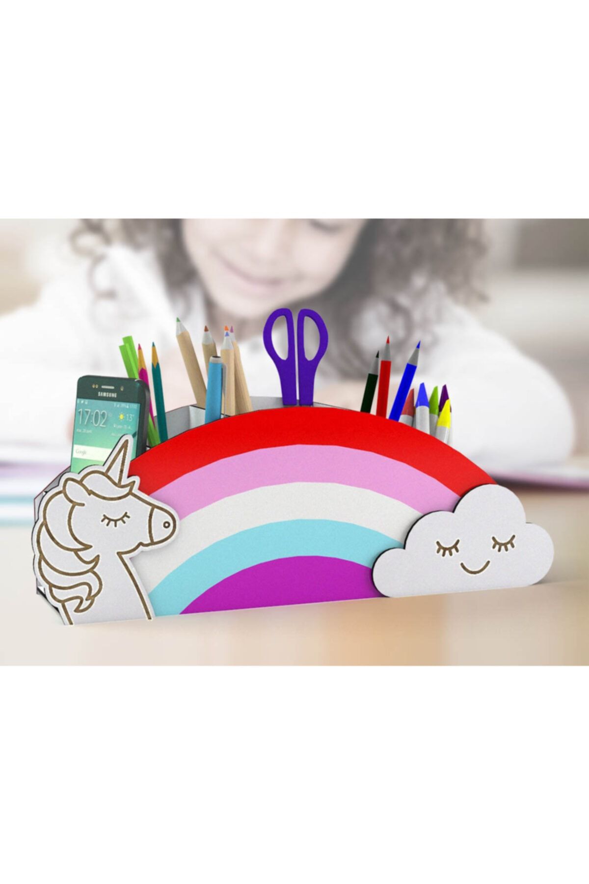 Tasarım Şeker Ahşap Gökkuşağı Unicorn Çocuk Masaüstü Kalemlik Organizer