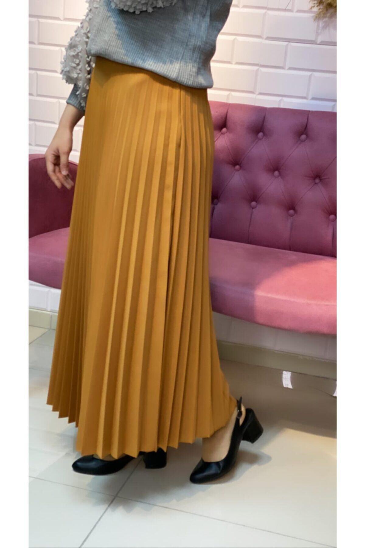 feray suda Etek Pliseli Krep Kumaş Dökümlü Yazlık Mevsimlik Beli Lastikli Yandan Fermuar Detaylı Pileli Etek