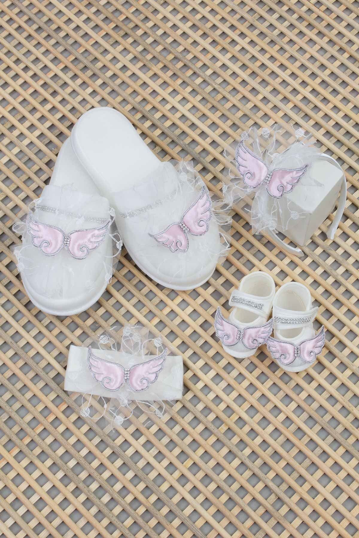 Modakids Pembe Angel Melek Kanatlı Lohusa Taç Terlik Ve Bebek Patik Bandana Set