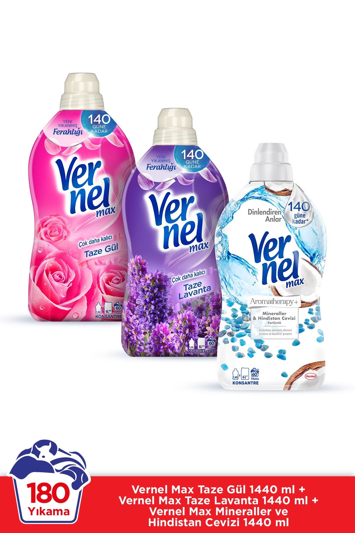 Vernel Max Konsantre Çamaşır Yumuşatıcısı 3 x 1440ml (180 Yıkama) Taze Gül +Taze Lavanta +Hindistan Cevizi