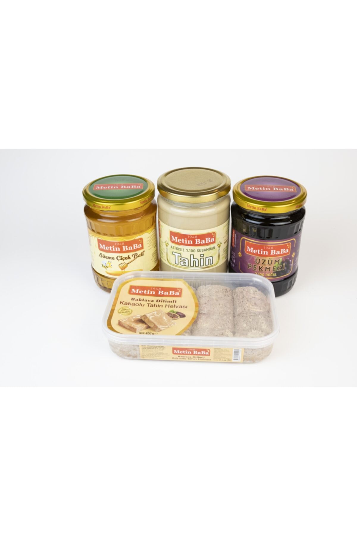 Metin Baba 1948 Hepsi2: Kakaolu Tahin Helva 450gr +tahin 600gr +üzüm Pekmezi 700gr +çiçek Balı 750gr