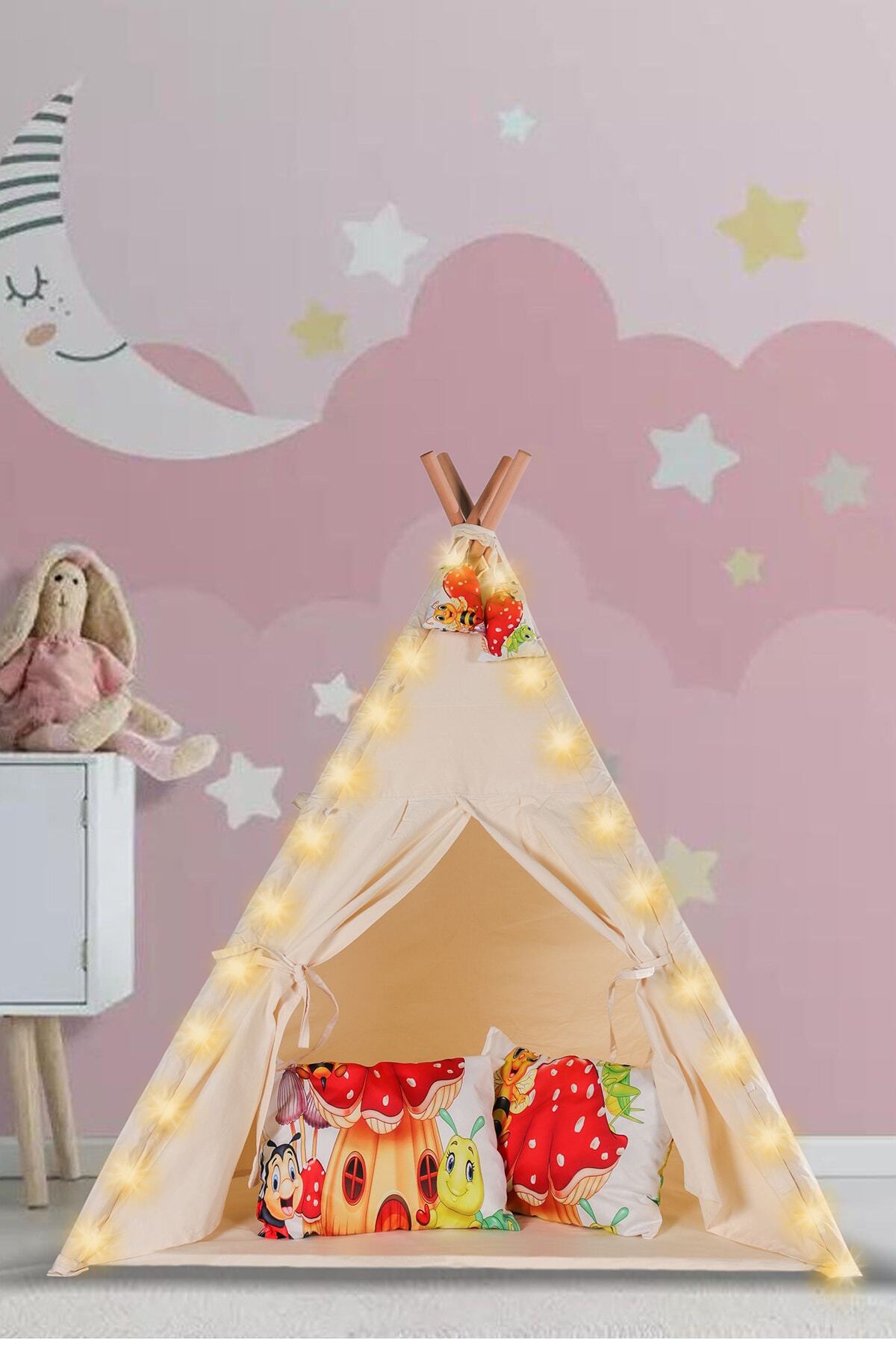 Bila Baby Organik Mantar Işıklı Kızılderili Oyun Çadırı Ahşap Aktivite Alanı Kalın Minderli Oyun Evi
