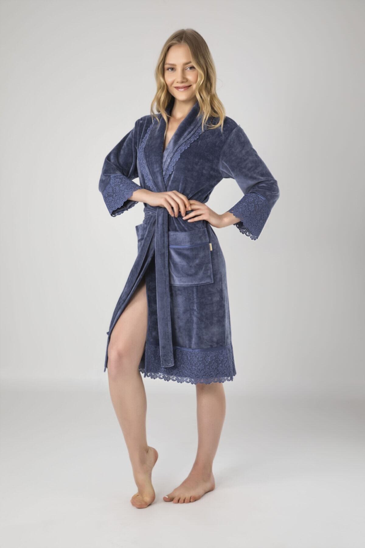 Nuşa Kadın Füme Dantelli Brodeli Bambu Cotton Pamuklu Sabahlık Bornoz