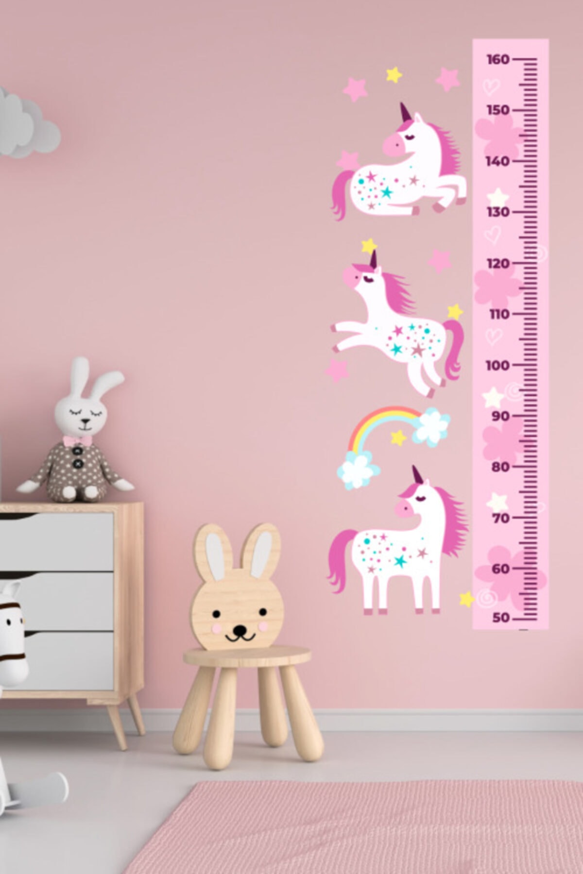 AMORİS Pembe At Figürlü Boy Ölçme - Ölçüm Cetveli Duvar