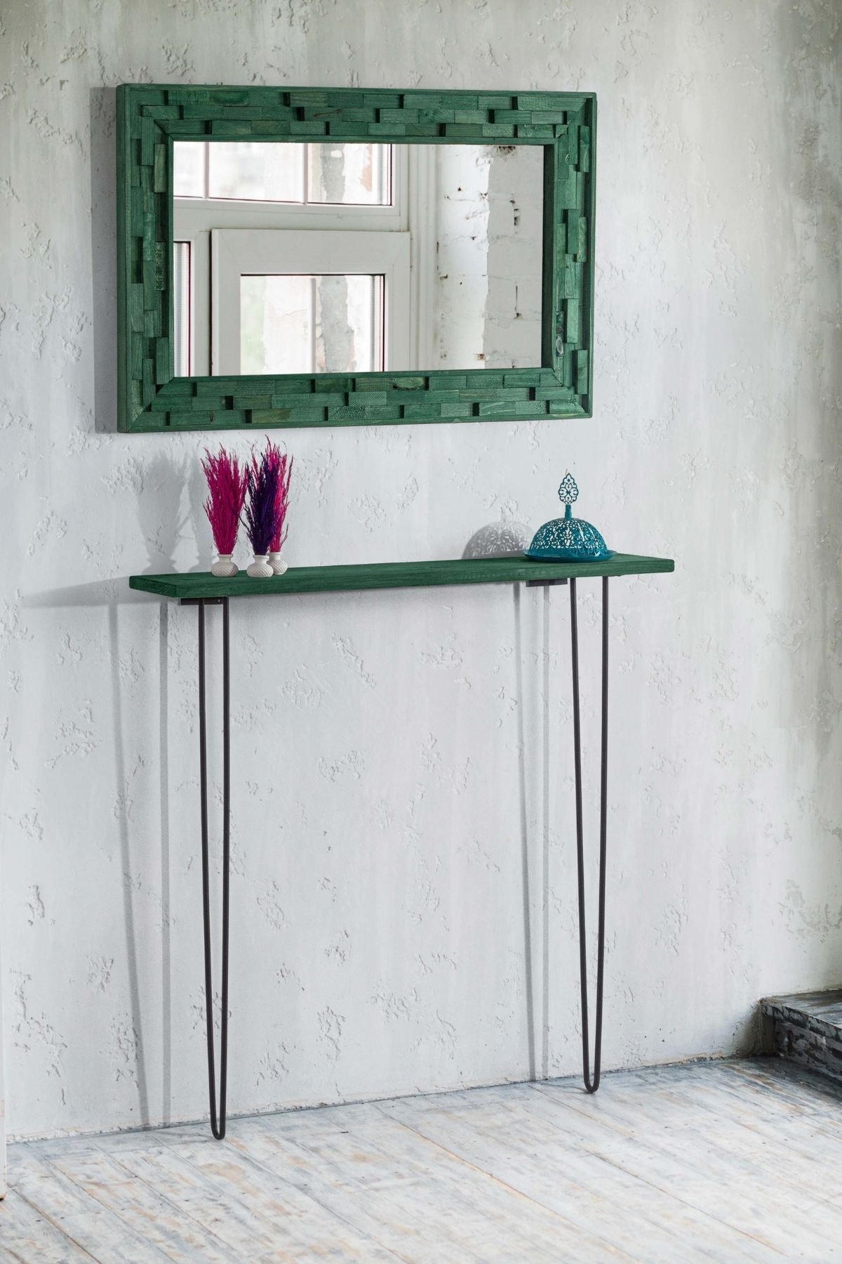 bluecape Doğal Ağaç Masif  Yeşil Tahta Parçacıklı Salon Ofis Mutfak Duvar Konsol Boy Aynası 58x98 Cm