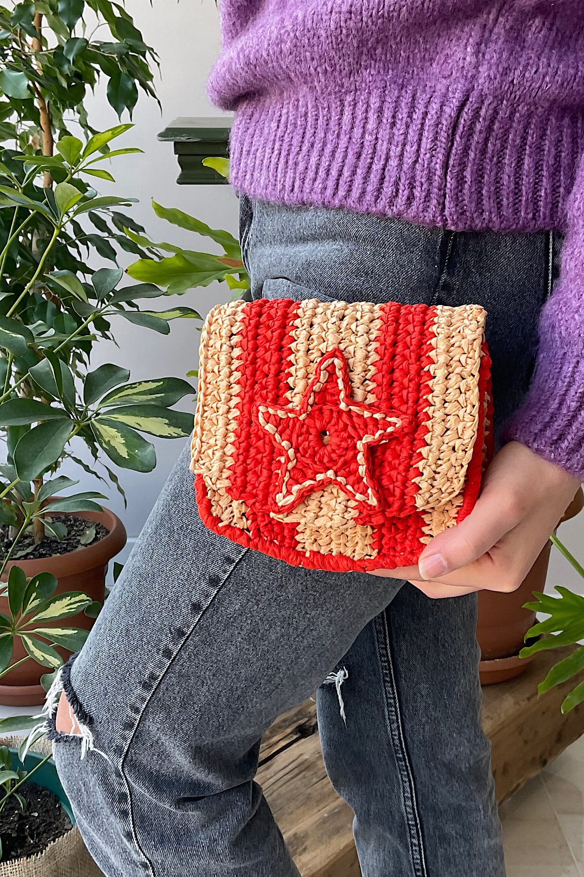 luces Kadın Turuncu Deniz Yıldızlı Rafya Örgü Bel Çantası