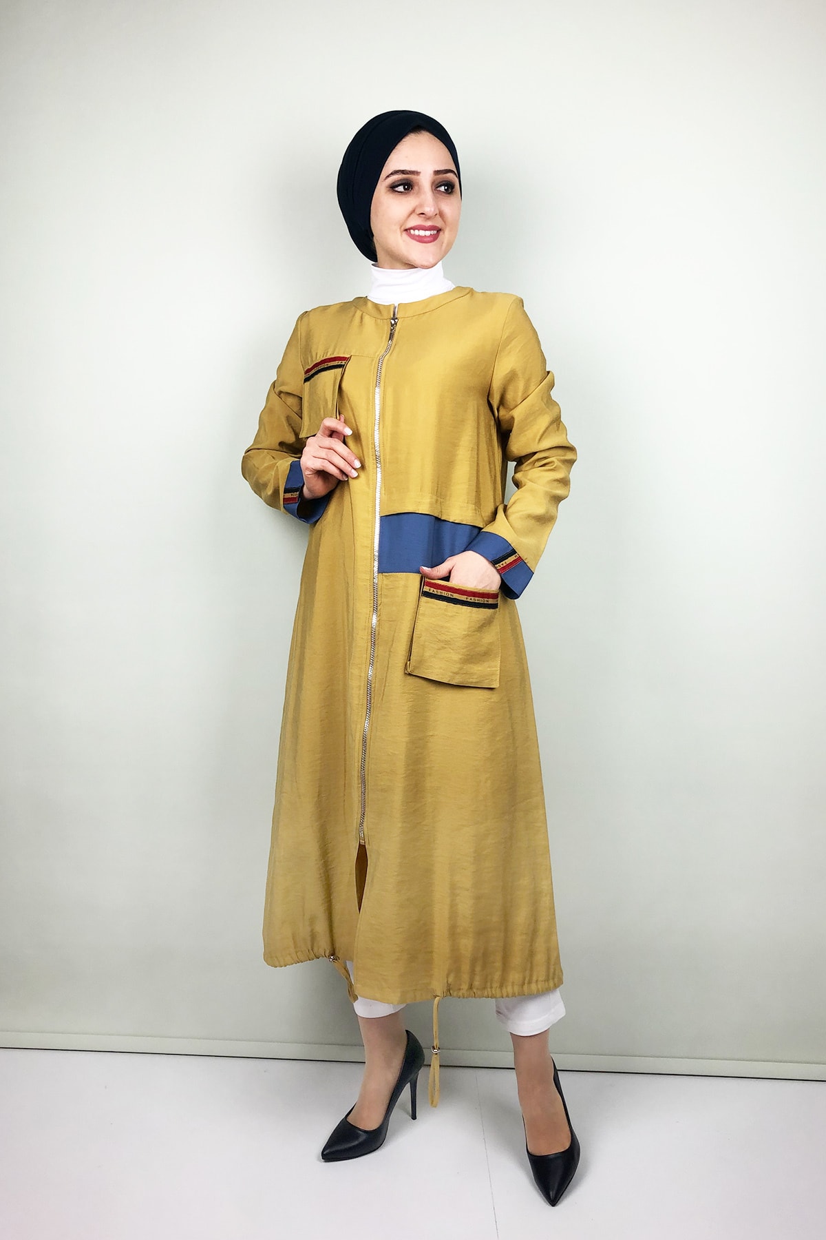 FTZ WOMEN Kadın Sarı Fermuarlı Cepli Viskon Safran İnce Yazlık Mevsimlik Uzun Tesettür Kap Pardesü