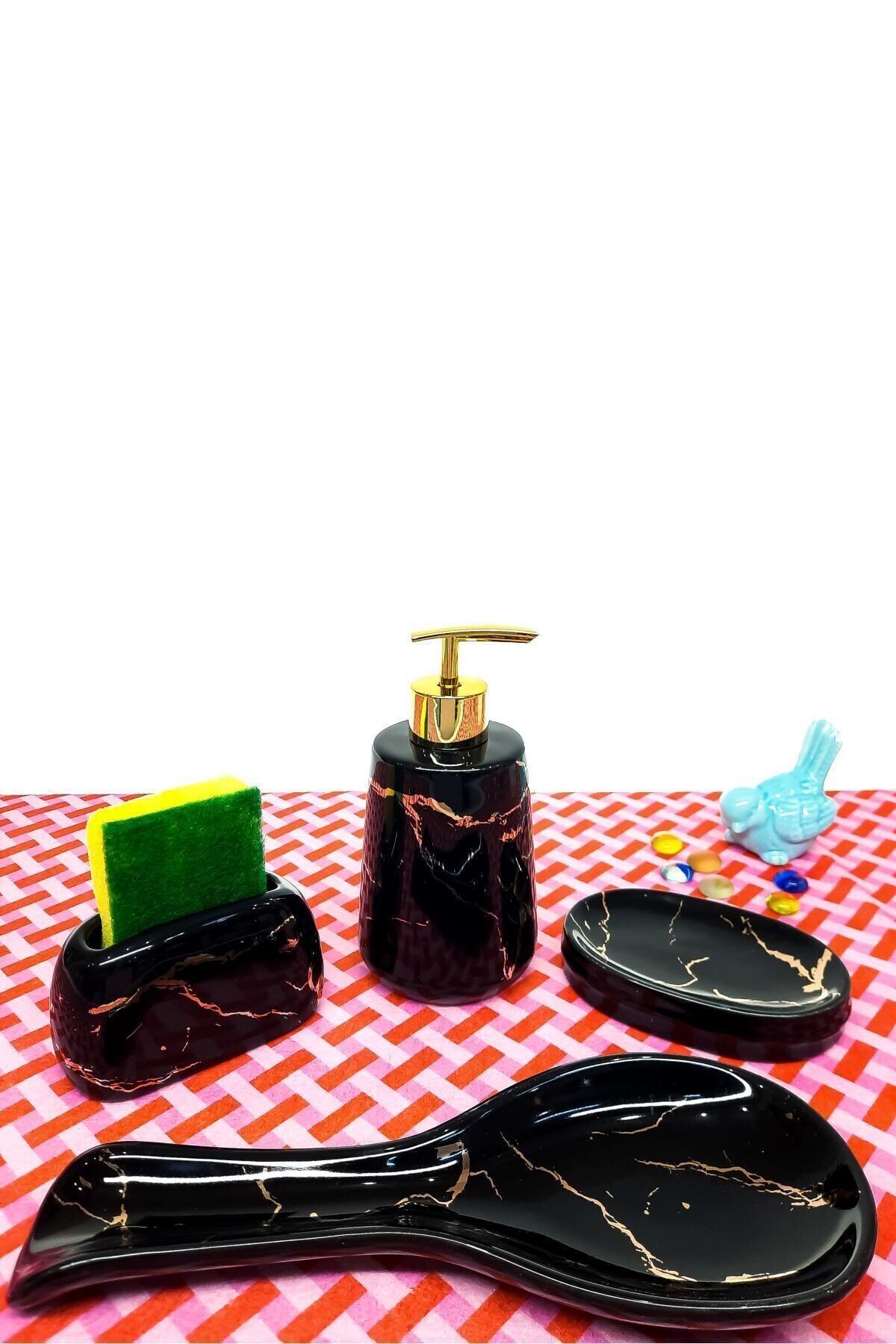 Arow  Dubai Arow Anatra Porselen Mermer Desenli Mutfak Seti Siyah Renkli