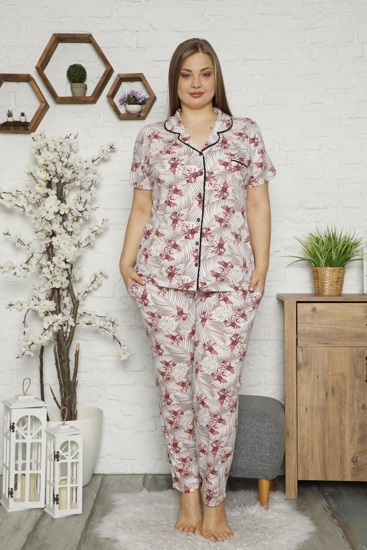 Markosin Kadın Bej Kısa Kollu Önden Düğmeli Desenli Büyük Beden Pijama Takımı 25150