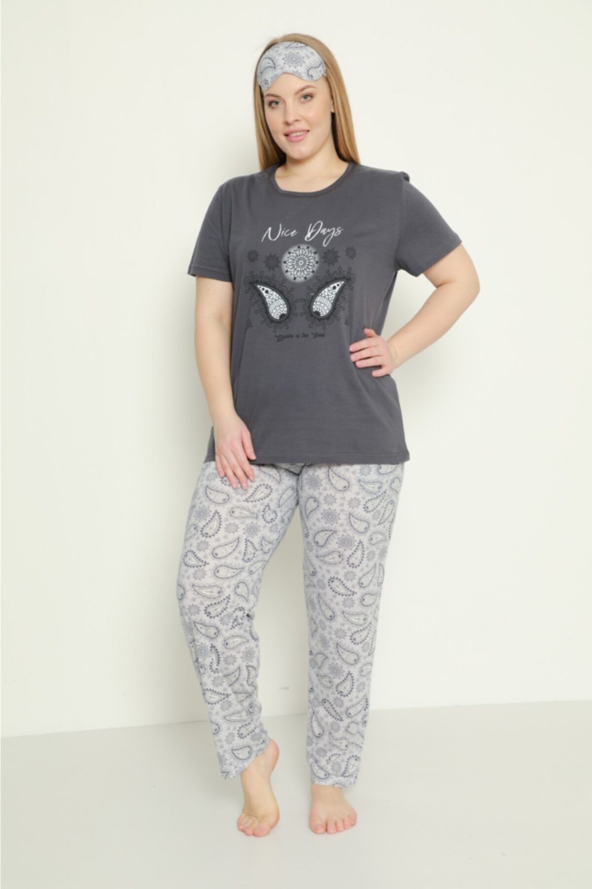 BERİN HOMEWEAR Kadın Pamuklu Büyük Beden Kısa Kollu Pijama Takımı