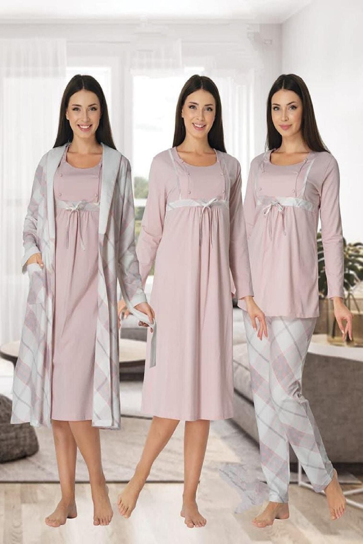 Effort Pijama Kadın Pembe Kareli Uzun Kollu Pijama Takımı Gecelik Sabahlık Lohusa Hamile 4'lü Set 8086