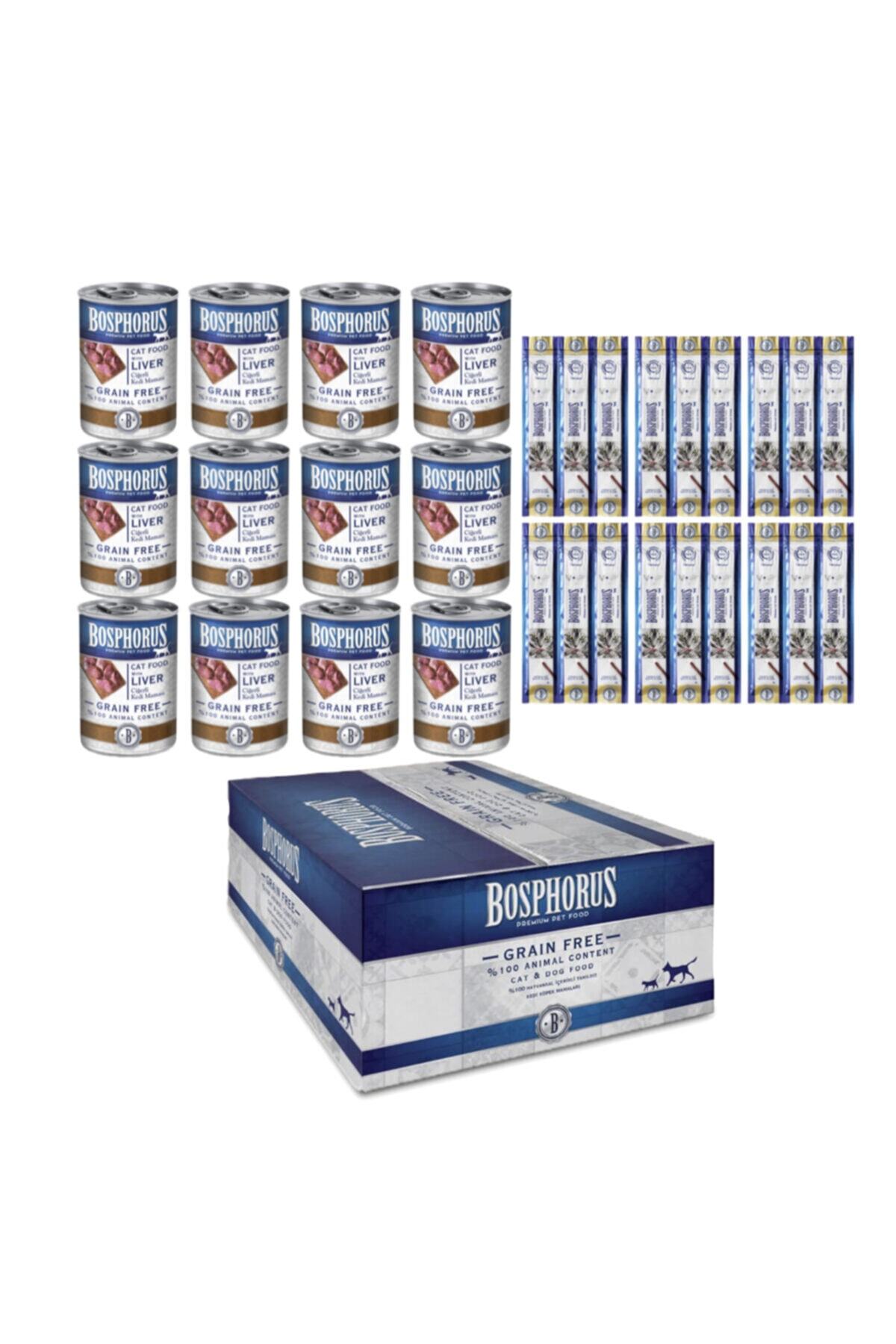 Bosphorus Ciğerli Kedi Konservesi 12x415gr + Tavuk Etli Ve Ciğerli Kedi Ödül Çubuğu 6 Adet 3'lü Paket